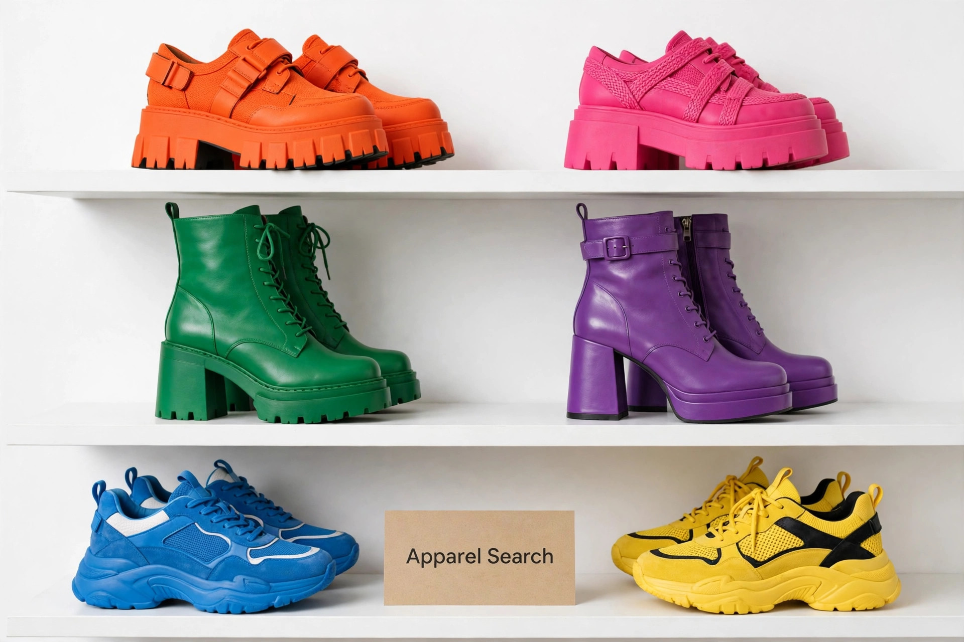 A fashion footwear display of chunky platform shoes, heeled boots and sneakers in bold colors on white shelves, with a small Apparel Search card, product photography with no people