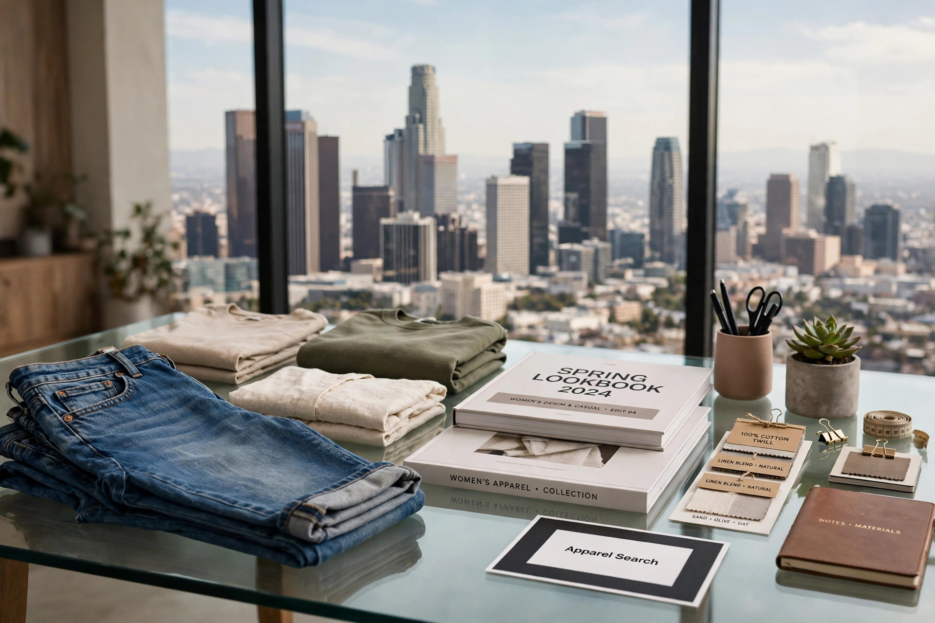 A Los Angeles apparel office display of women's jeans, folded casualwear and brand lookbooks on a glass table with a skyline view, with a small Apparel Search card, product photography with no people