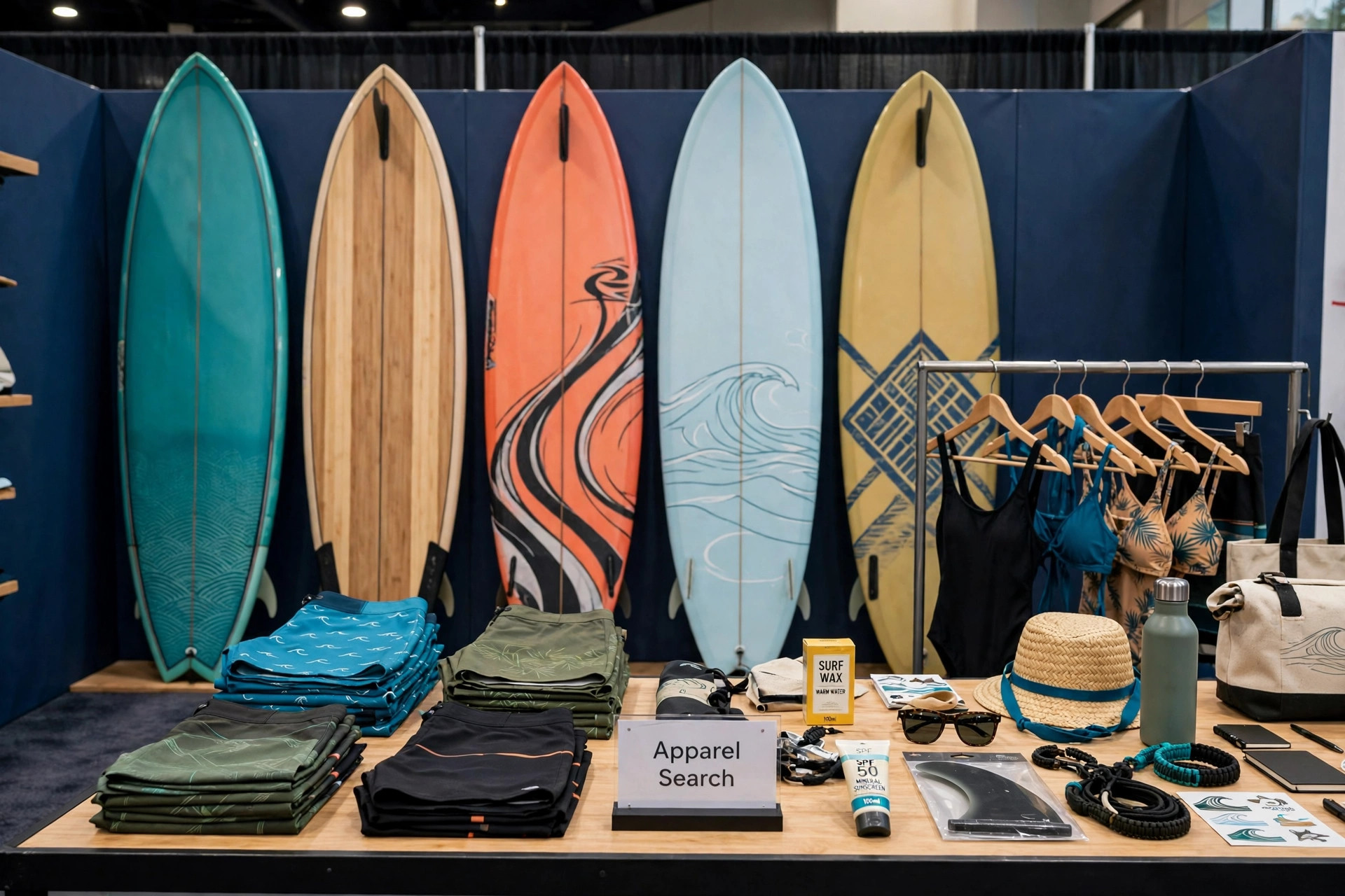 A surf trade show display of surfboards in a row, folded boardshorts, swimwear on hangers and beach accessories on a booth table, with a small Apparel Search sign, product photography with no people