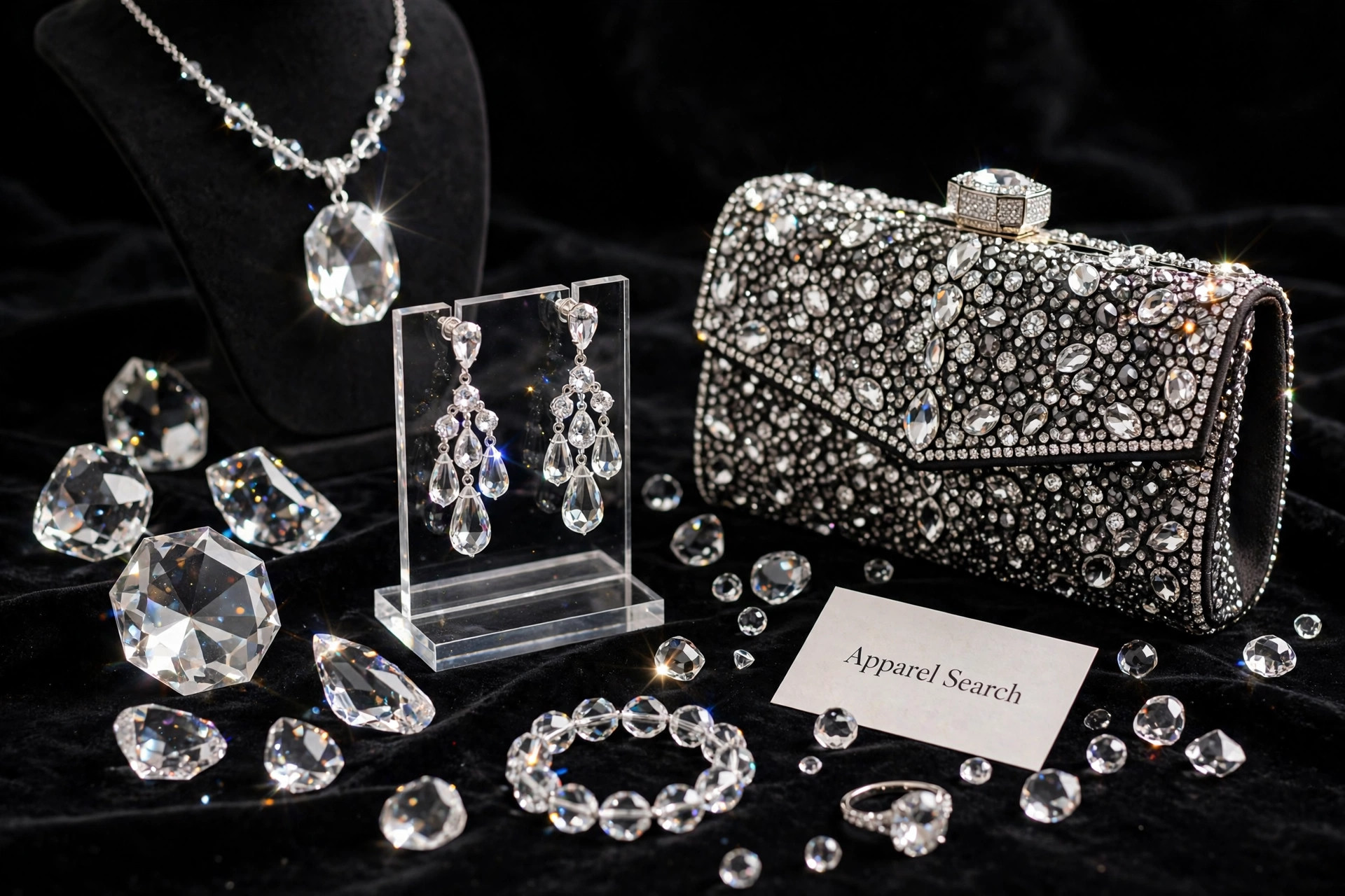 A crystal display of sparkling cut-crystal jewellery, a crystal-embellished evening clutch and loose faceted crystals catching the light on black velvet, with a small Apparel Search card, product photography with no people