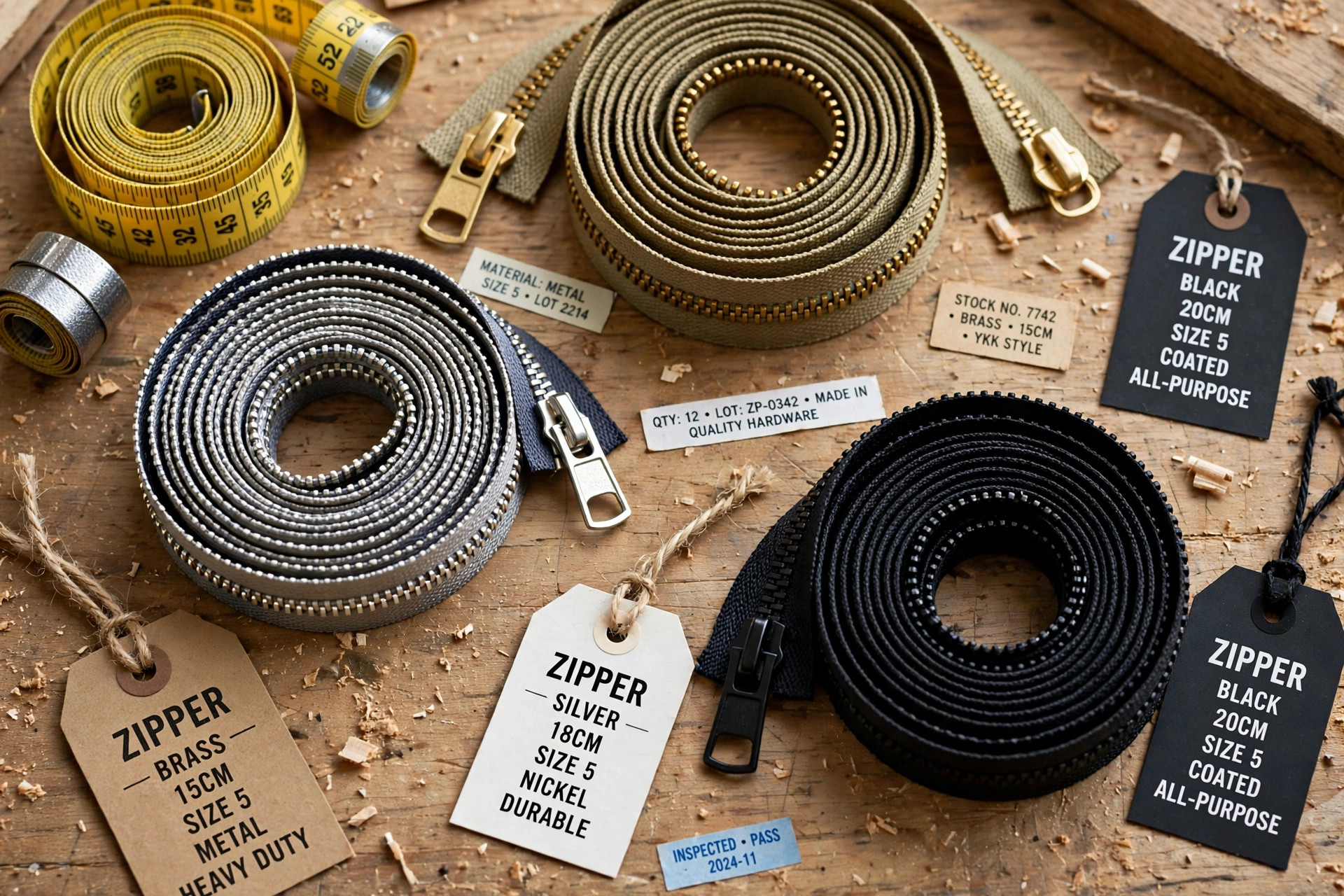 A close-up flat-lay of metal zippers in brass, silver and black with coiled measuring tape, woven labels and hang tags on a workbench, product photography with no people