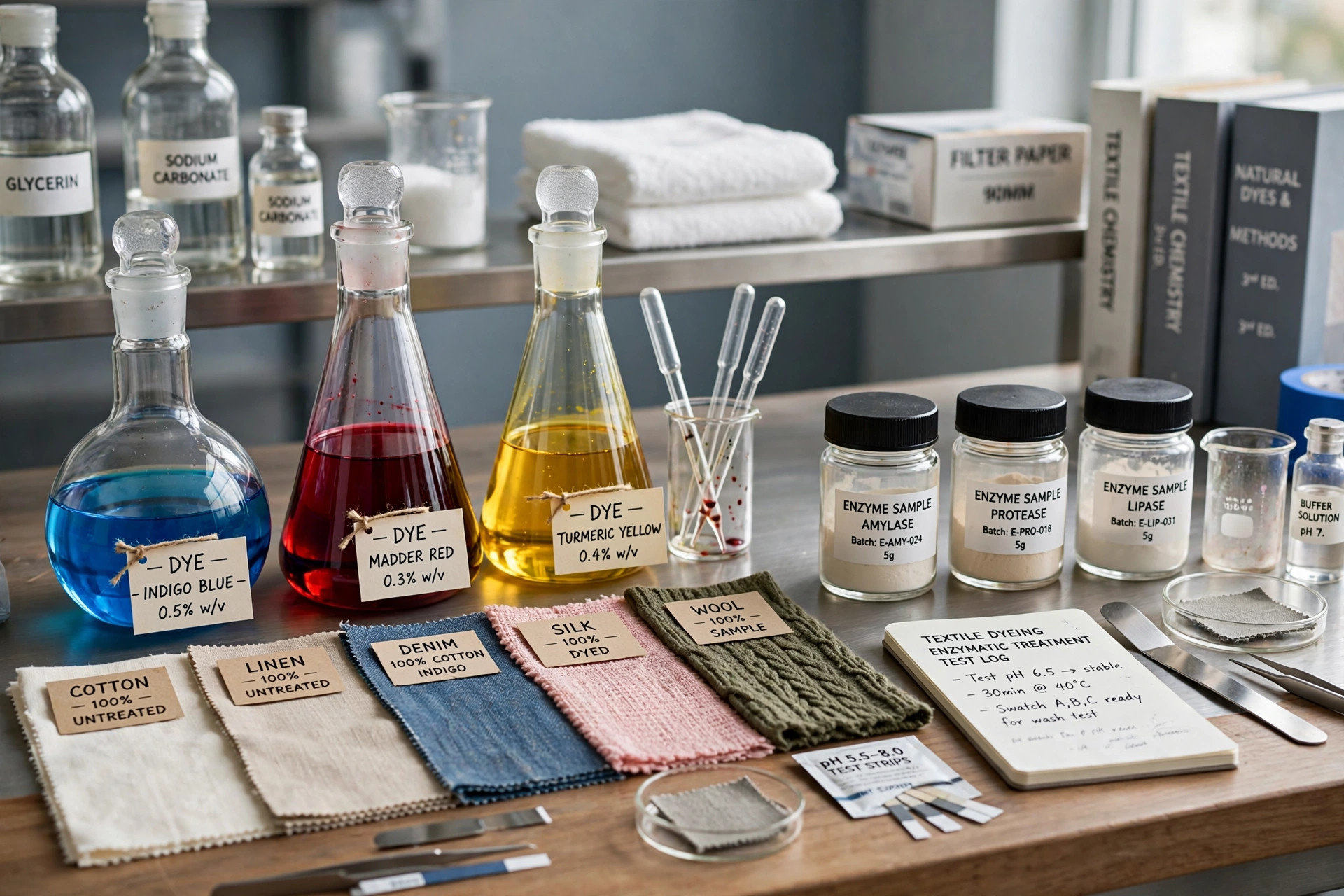 A textile laboratory scene with glass flasks of colored dye liquids, fabric swatches and enzyme sample jars on a bench, product photography with no people
