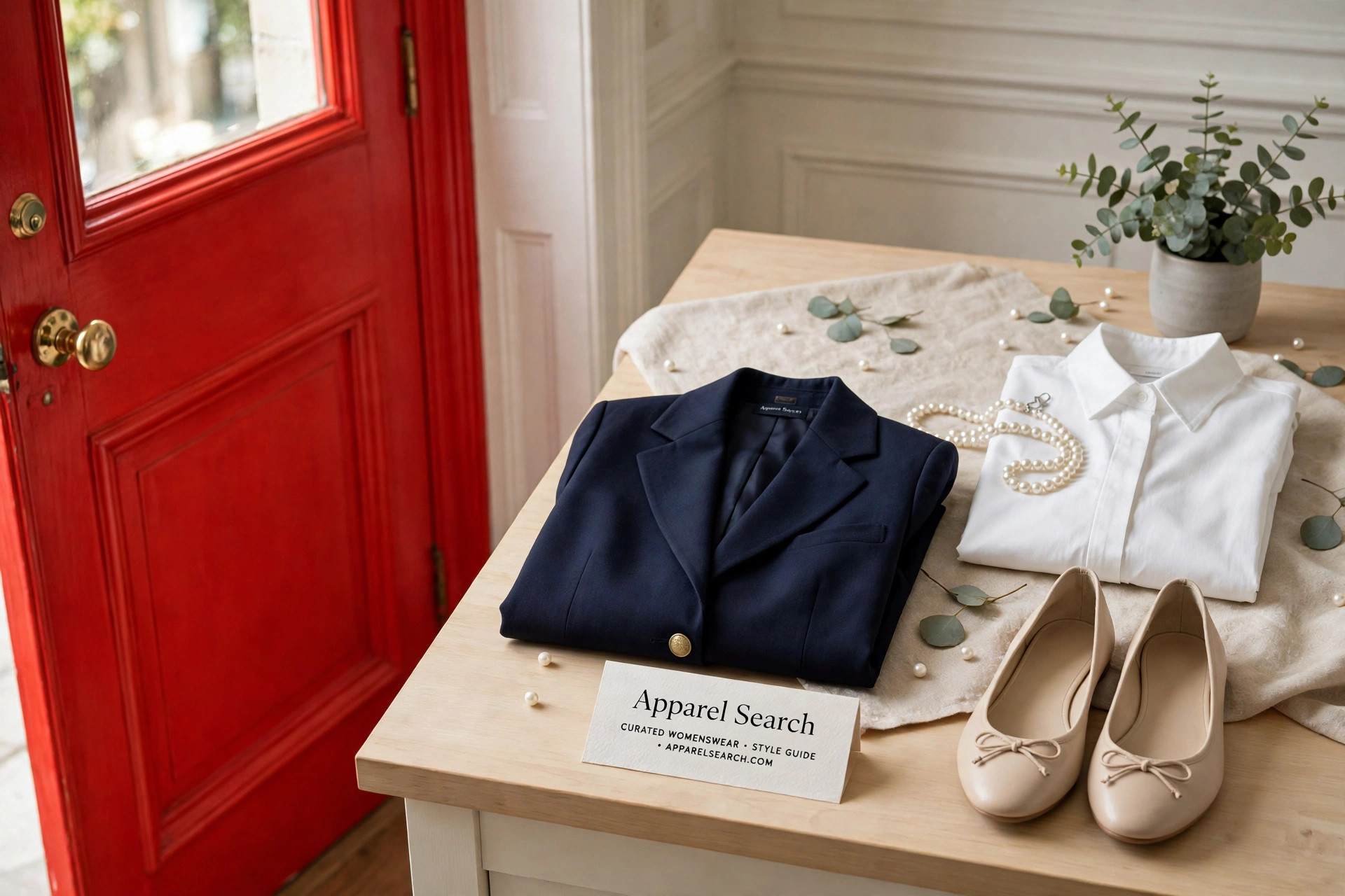 A classic women's clothing boutique display with a navy blazer, white shirt, a strand of pearls and ballet flats arranged by a bright red door, with a small Apparel Search card, product photography with no people