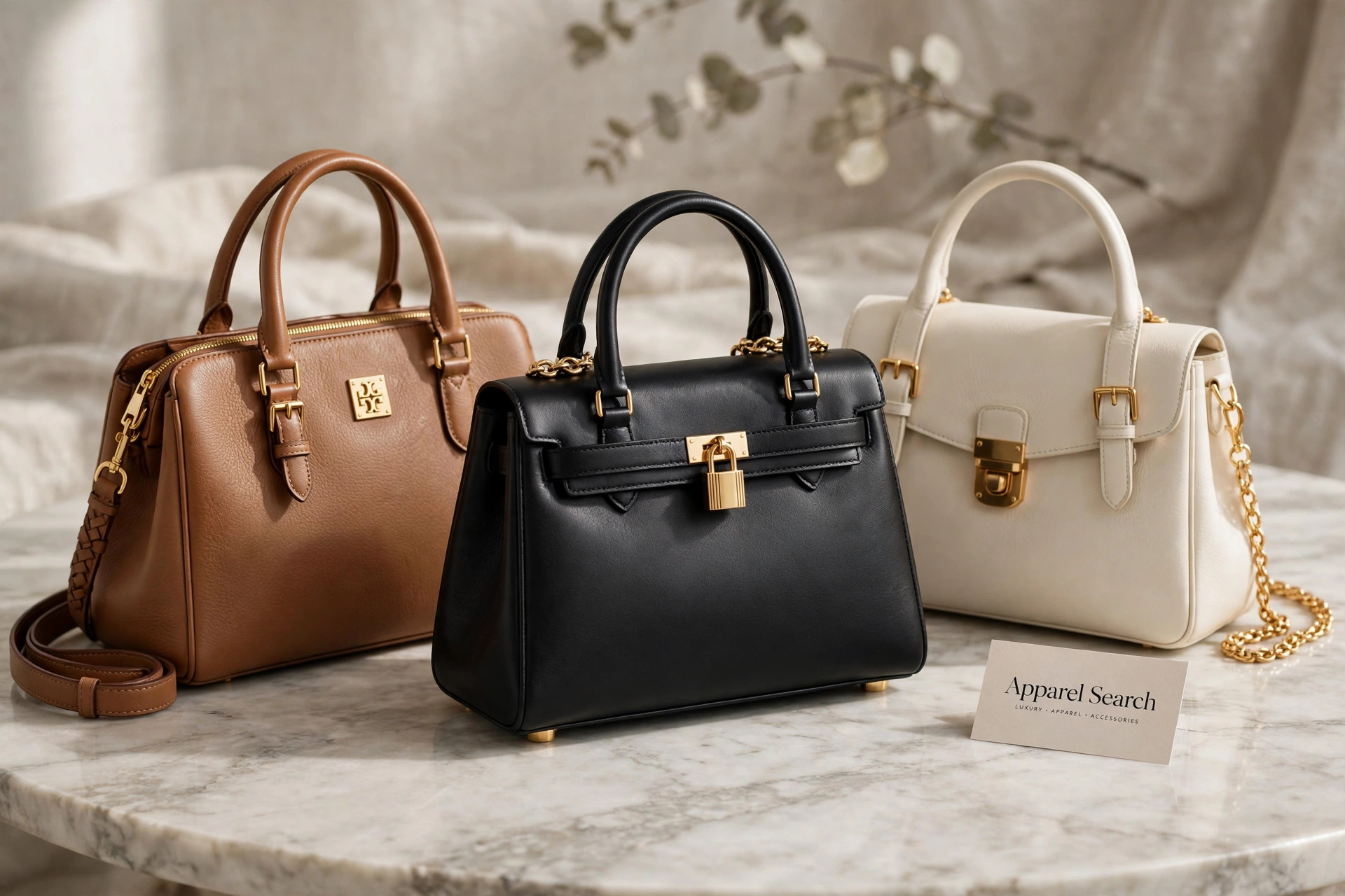 An elegant display of luxury leather handbags in tan, black and cream with gold hardware on a marble table, with a small Apparel Search card beside them, product photography with no people