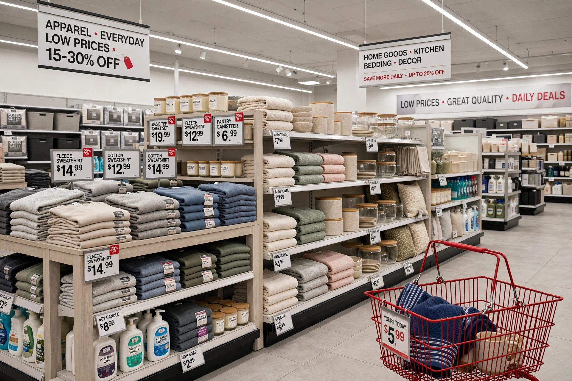 A bright modern discount department store aisle display with folded apparel, home goods and a red shopping basket, clean and spacious, product photography with no people