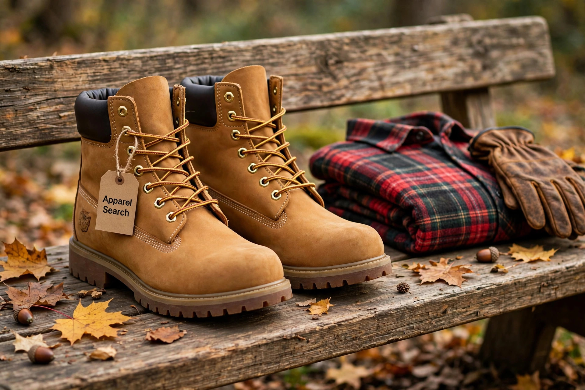 A pair of classic wheat nubuck waterproof work boots on a wooden bench with a folded plaid flannel shirt and leather gloves and autumn leaves, a small Apparel Search tag tied to one boot, product photography with no people