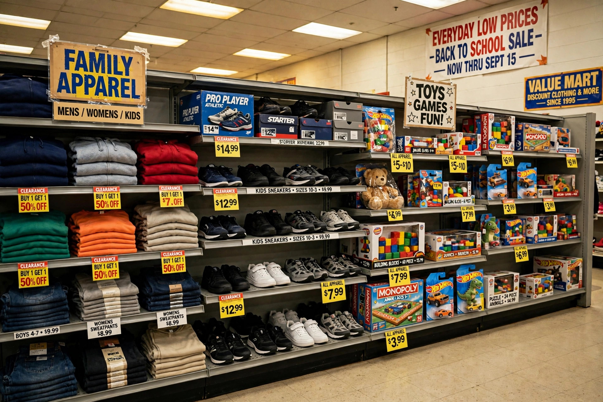 A nostalgic 2000s American discount clothing store display with family apparel, footwear and toys on shelves, product photography with no people