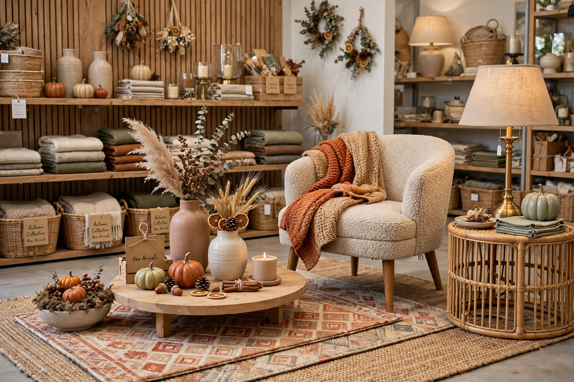 A home decor store display with accent furniture, lamps, rugs, decorative vases and seasonal ornaments arranged in a cozy vignette, product photography with no people