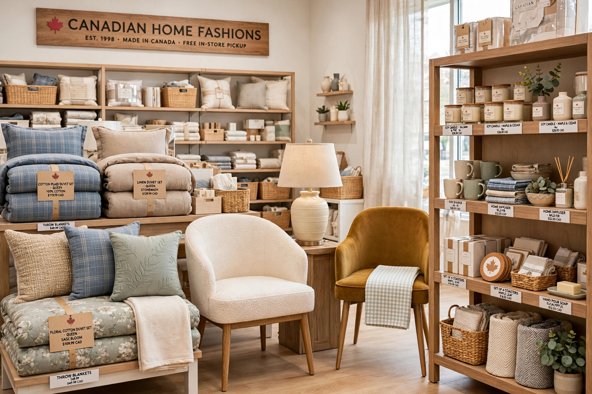A home fashions store display with bedding sets, accent chairs, table lamps and giftware on shelves in a bright retail setting, product photography with no people