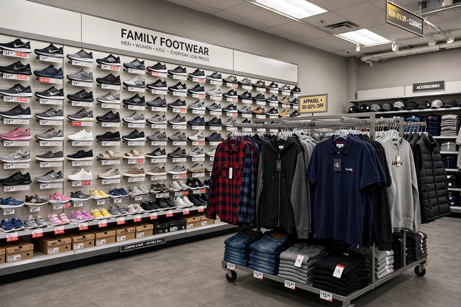 A large shoe department display wall with rows of family footwear and a clothing rack of brand-name apparel in an off-price store, product photography with no people