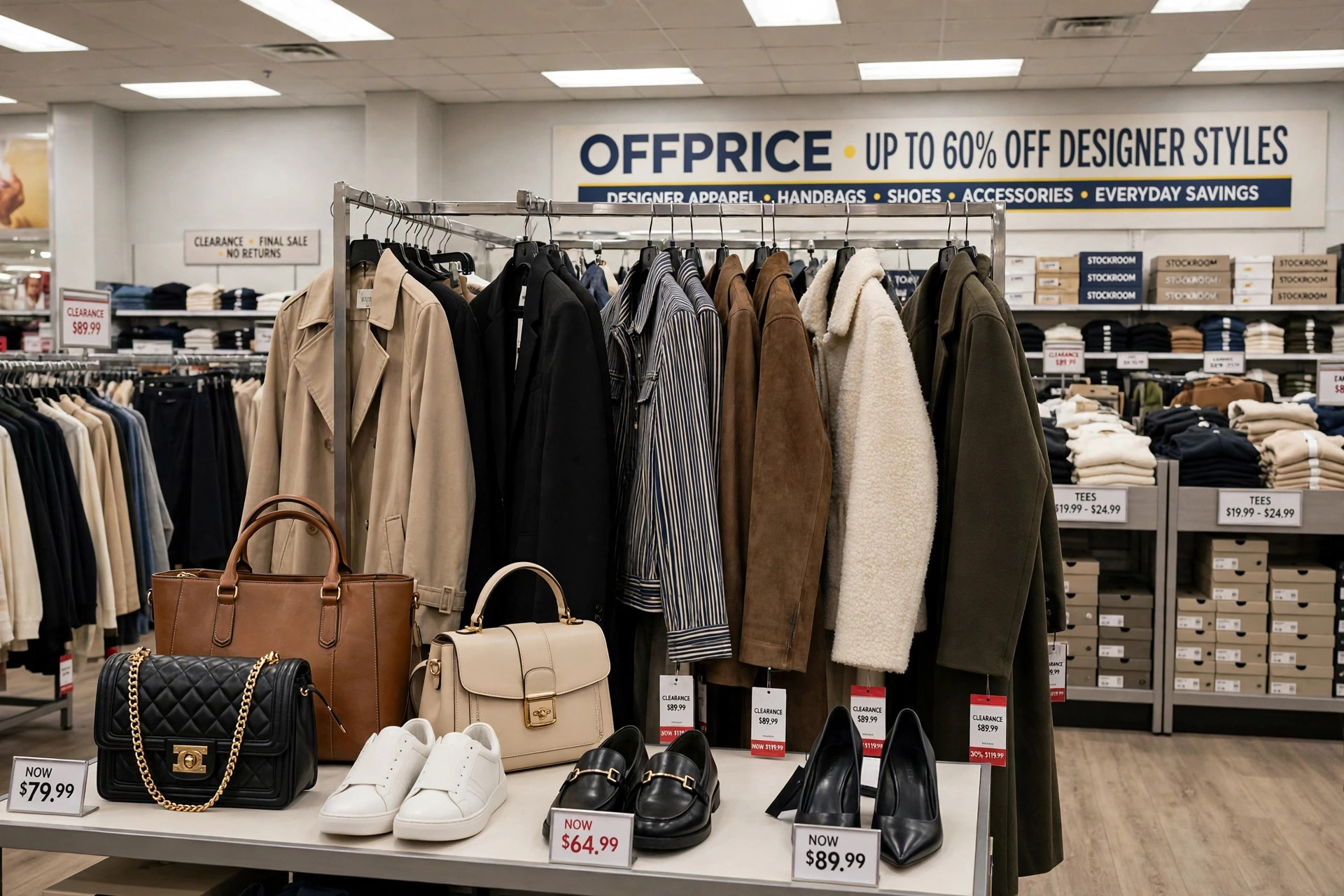 A clothing rack of designer-style apparel with handbags and shoes on a display table in an off-price store under bright retail lighting, product photography with no people