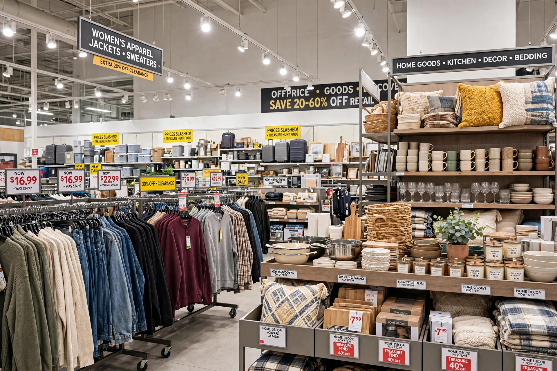 An off-price department store interior with clothing racks, home goods shelves and prominent price tags, bright and spacious, product photography with no people