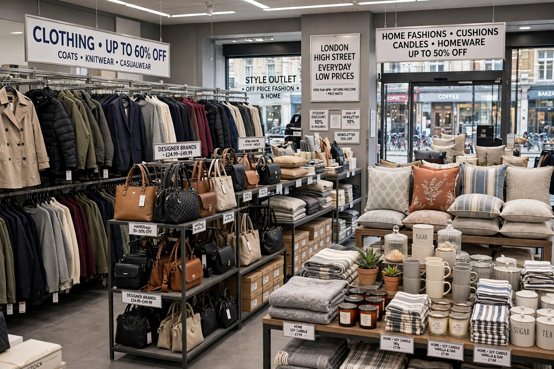 A British off-price store interior with clothing rails, handbags and home fashions under bright lights, product photography with no people