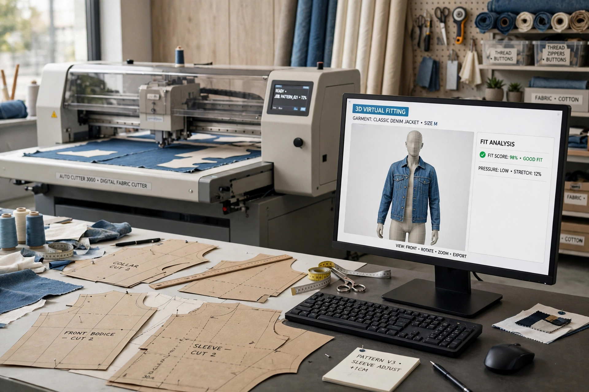 A fashion technology workspace with a computer monitor showing a 3D virtual garment fitting, paper pattern pieces and an automatic fabric cutting machine in the background, product photography with no people