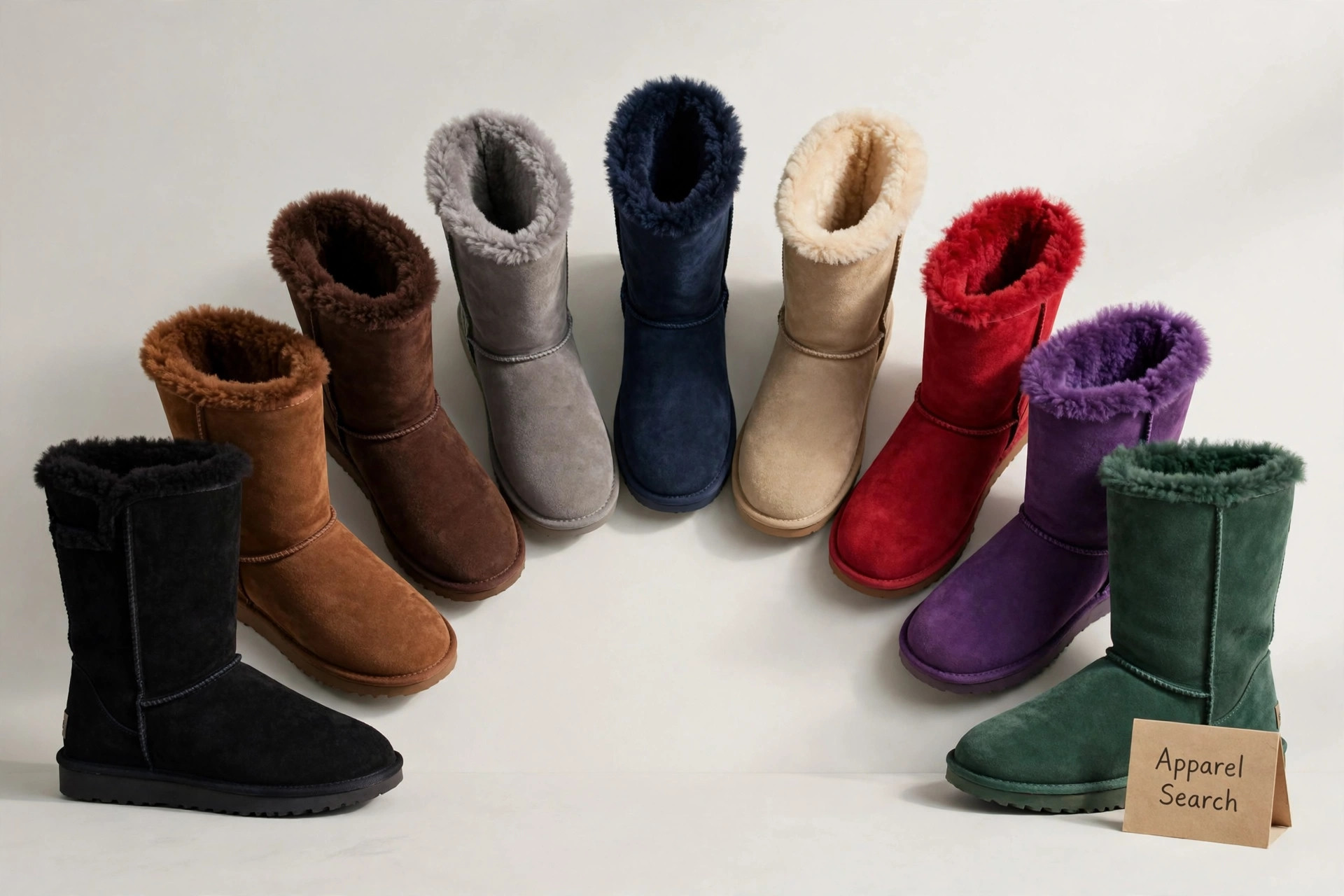 Sheepskin boots in a rainbow of colors arranged in an arc