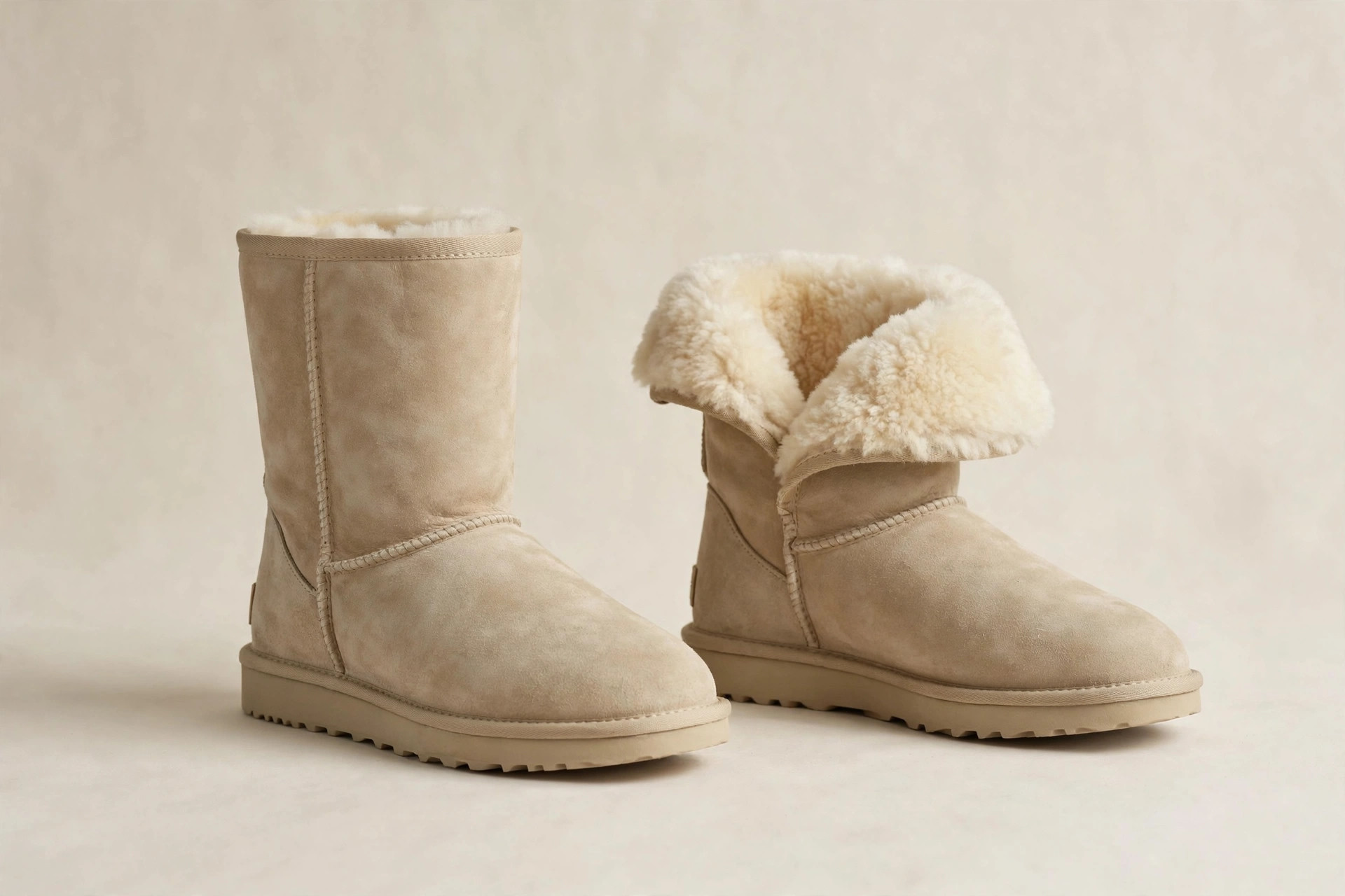 Fawn suede sheepskin boots with cream wool lining