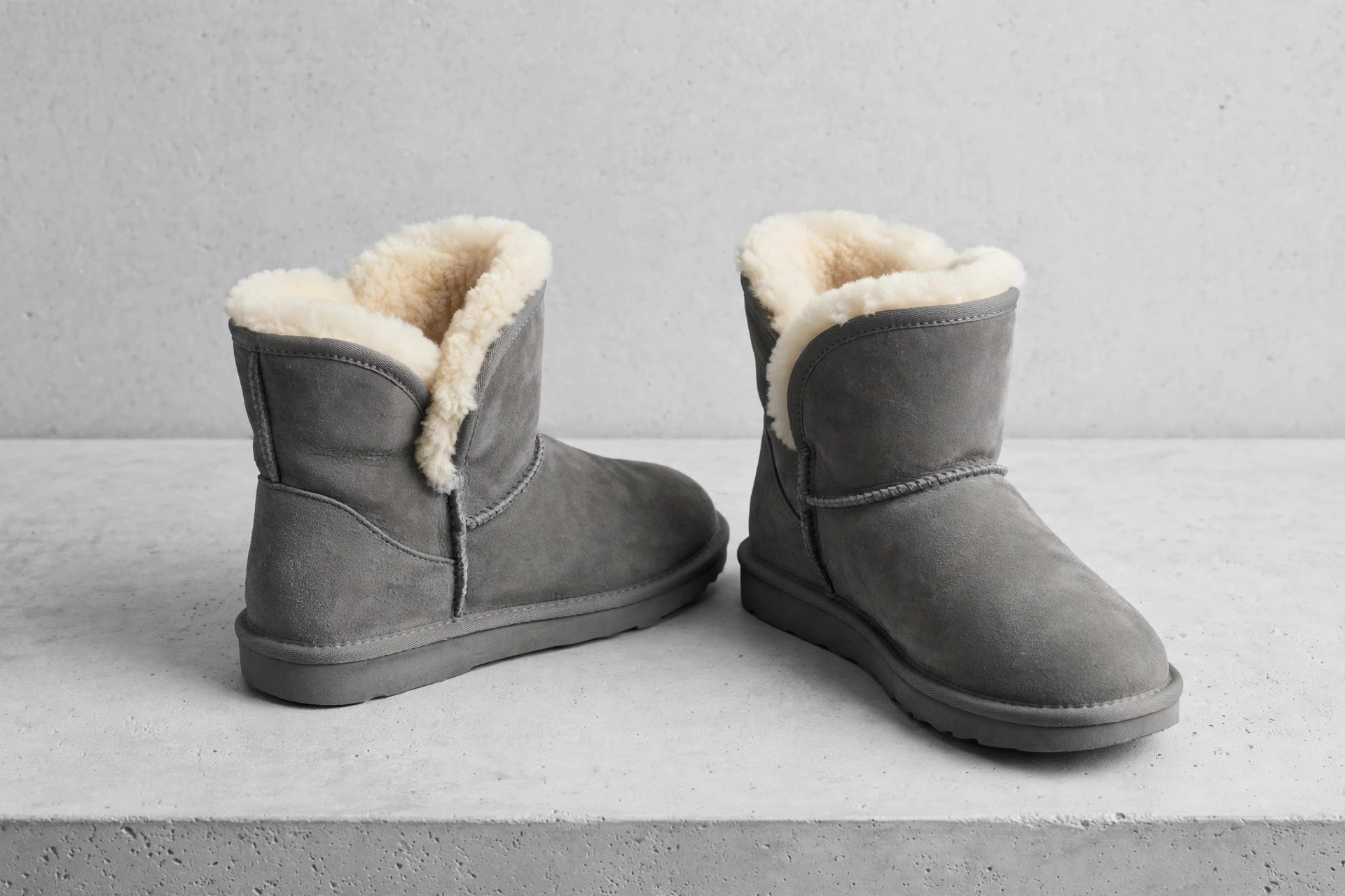 Grey suede sheepskin boots with cream wool lining