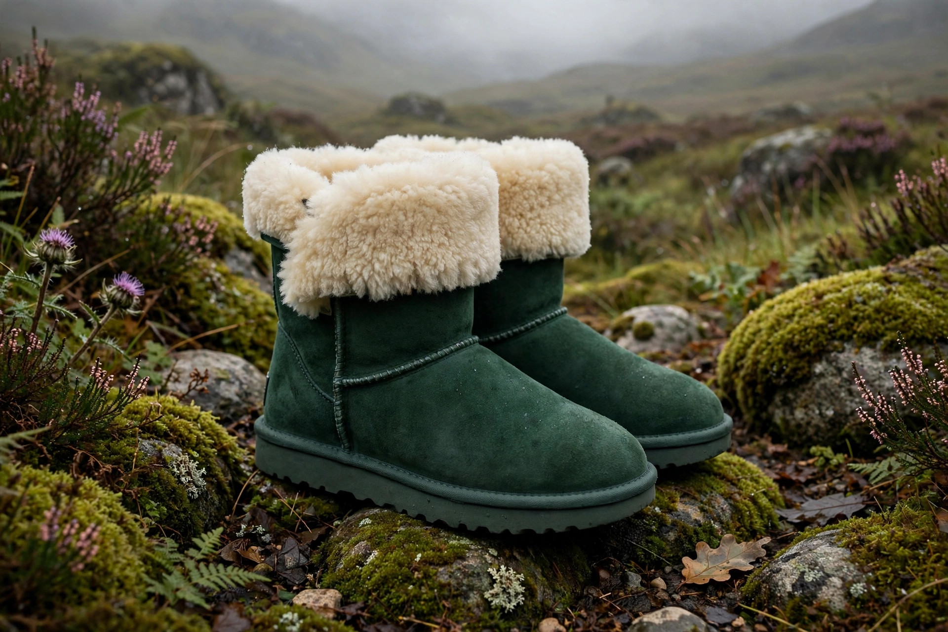 Highland Green suede sheepskin boots with cream wool lining