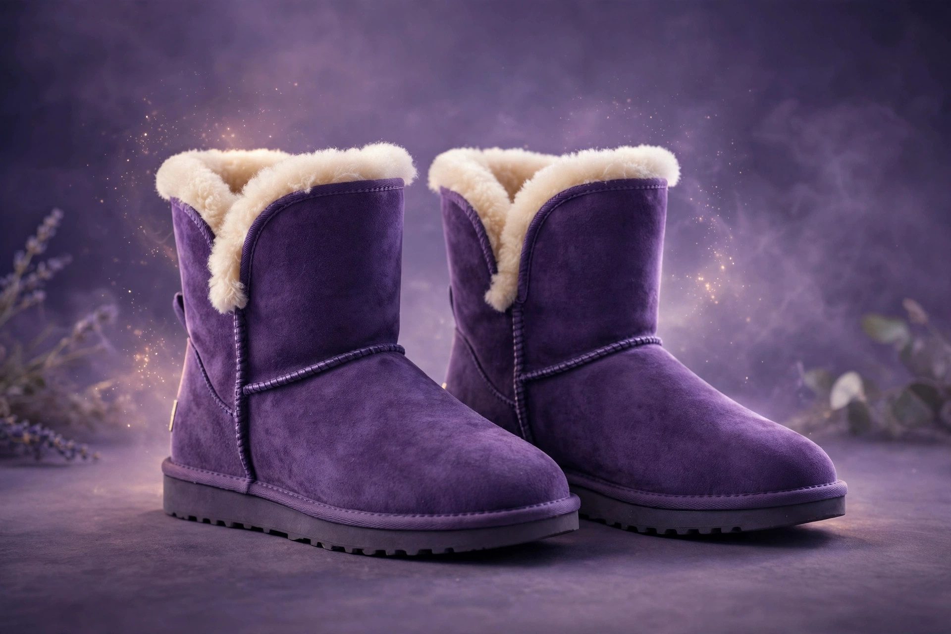 Mystic Purple suede sheepskin boots with cream wool lining