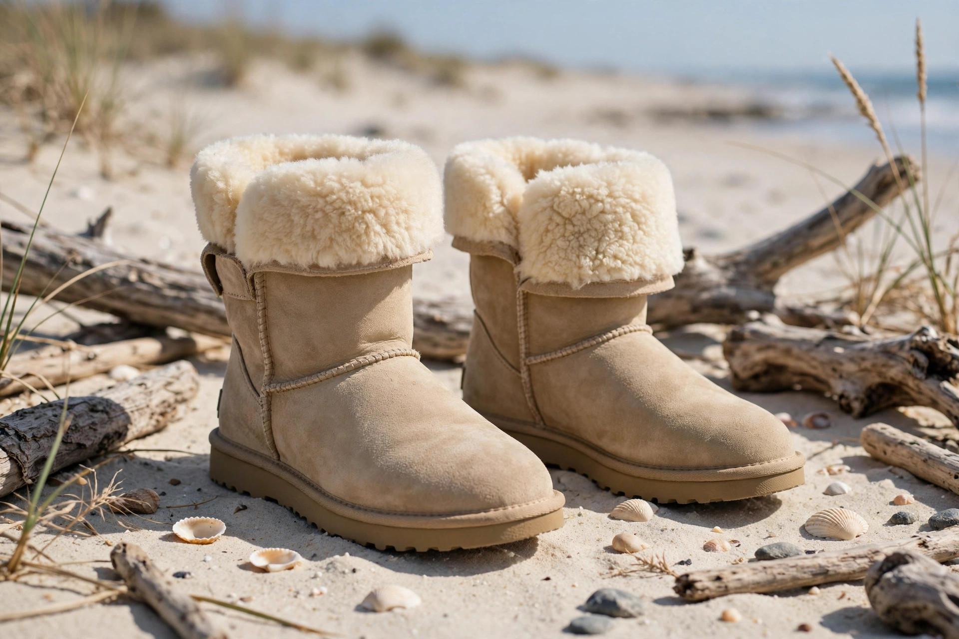 Sand suede sheepskin boots with cream wool lining