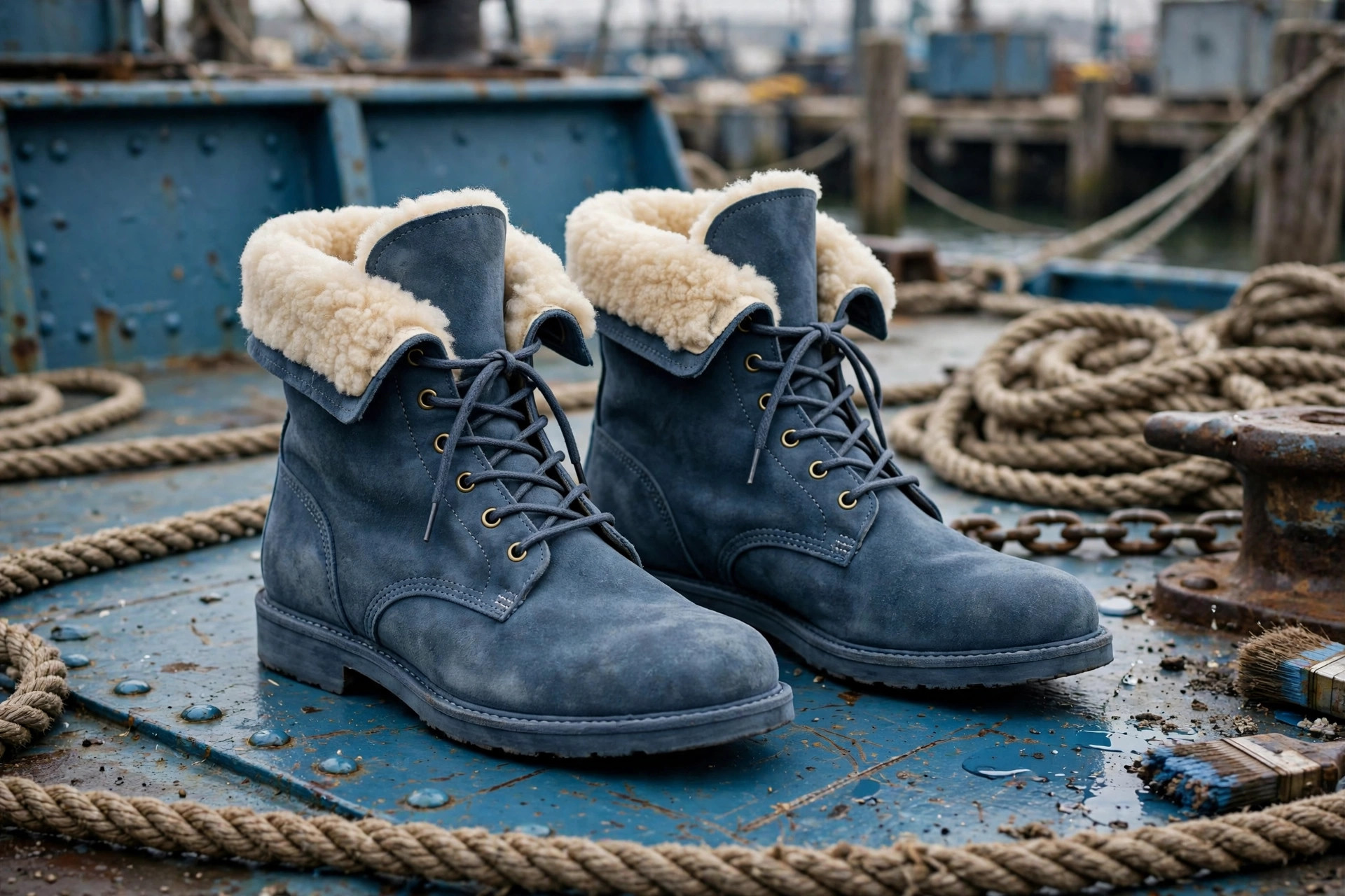 Shipyard Blue suede sheepskin boots with cream wool lining