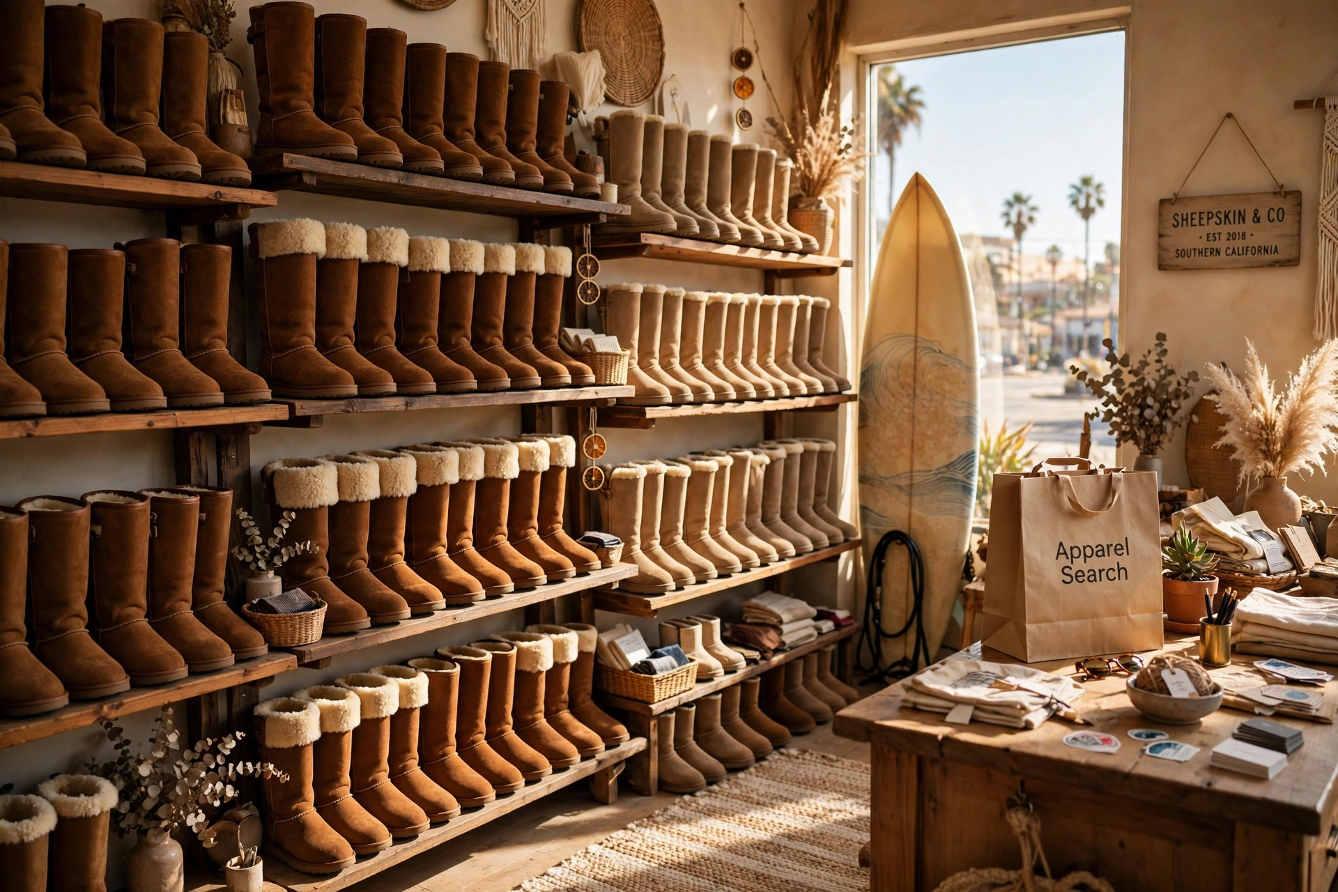 Sheepskin boots in chestnut and sand on shelves in a California boot boutique