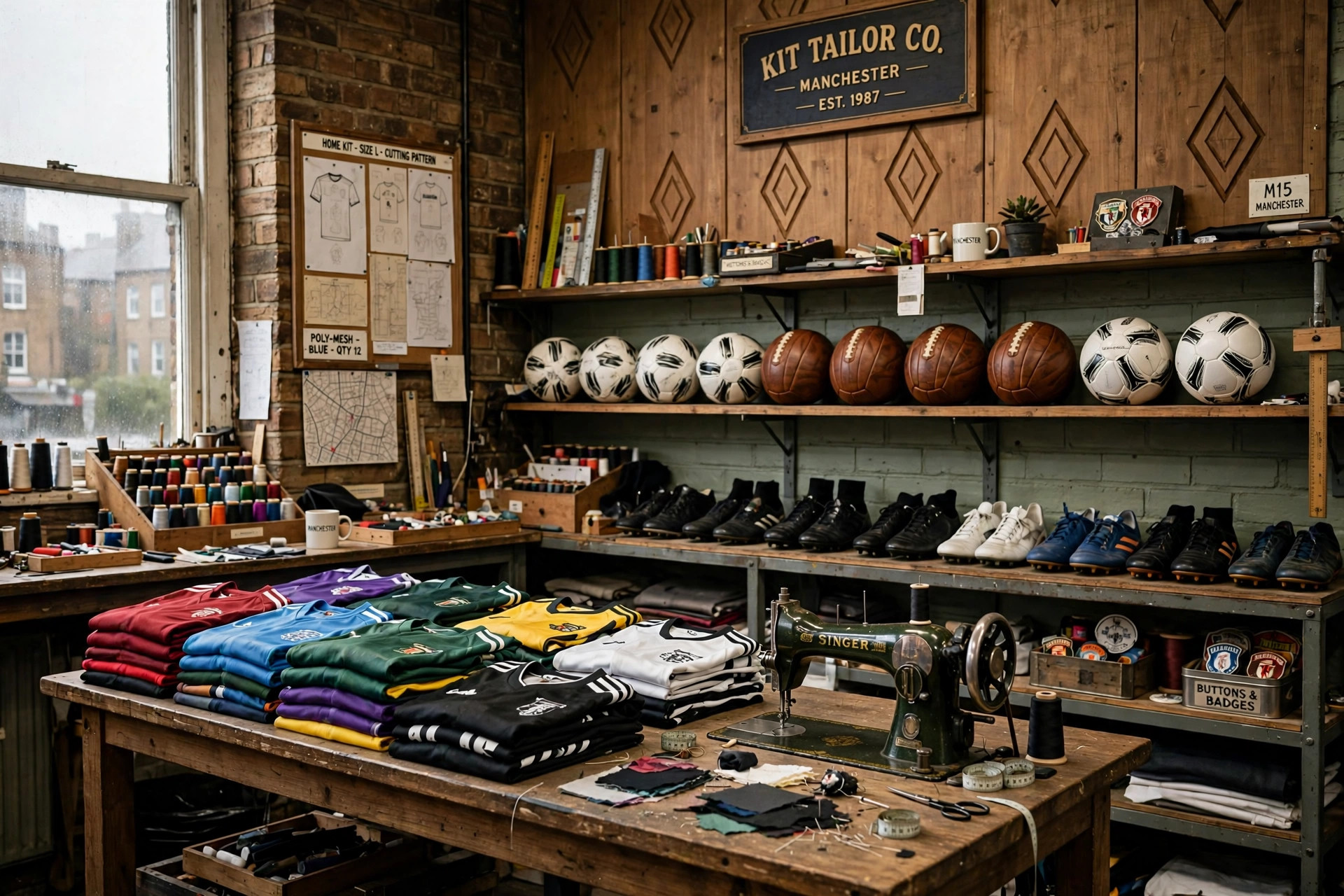 Folded football jerseys in many colors on a tailor's worktable in Manchester