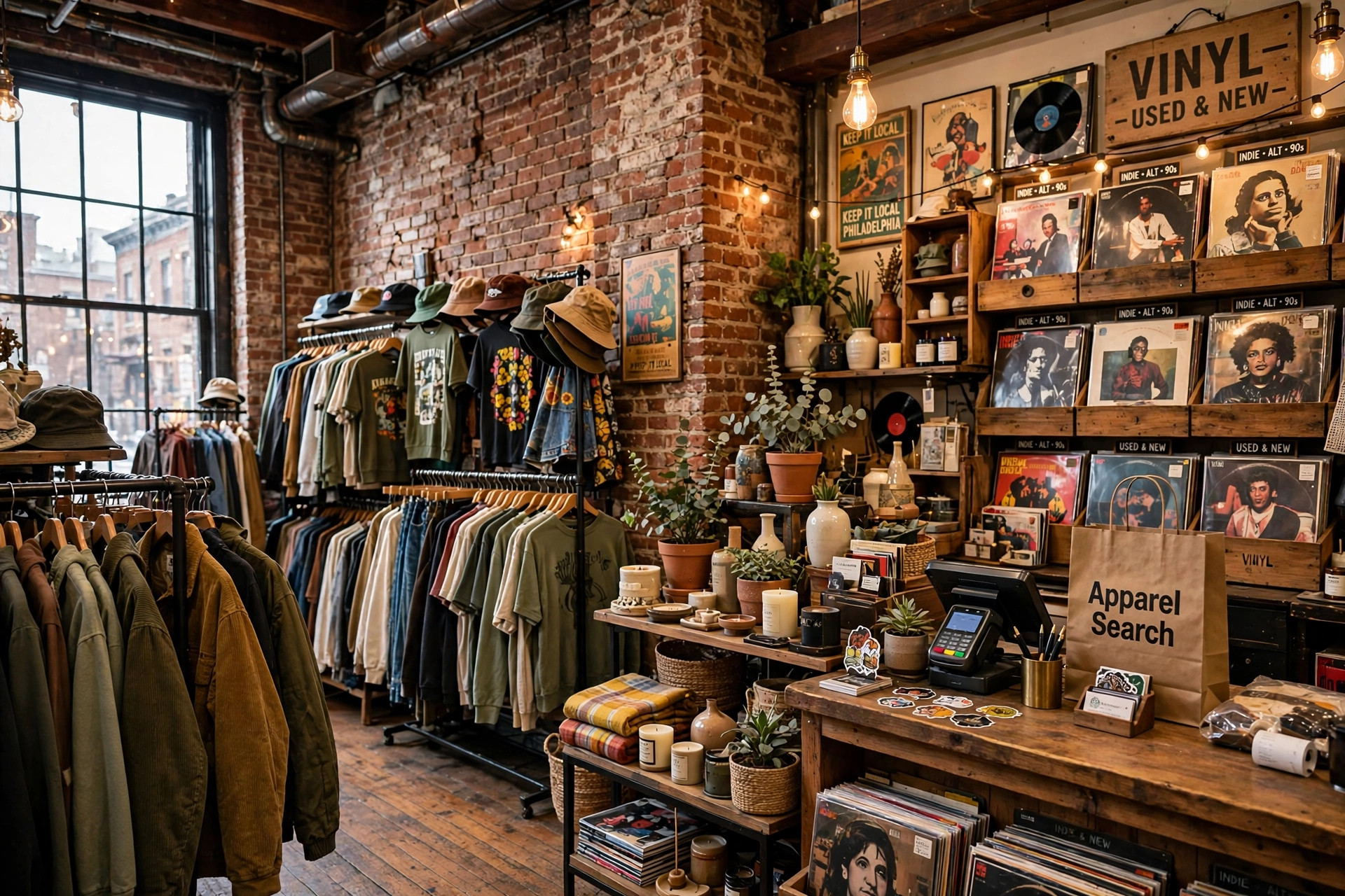 Eclectic clothing and home goods inside a lifestyle store with exposed brick walls