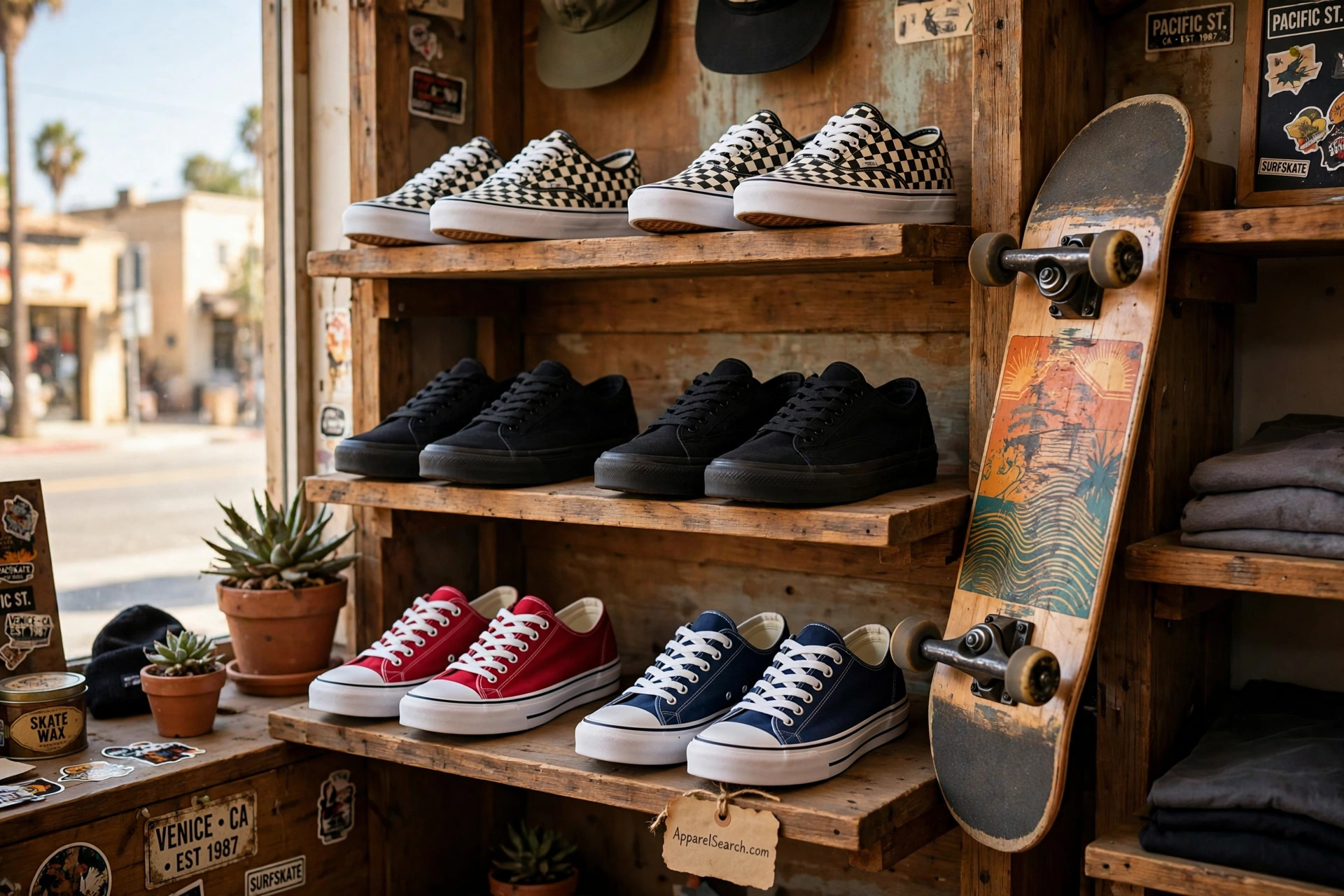 Classic canvas skate sneakers in checkerboard, black, red and navy on skate shop shelves