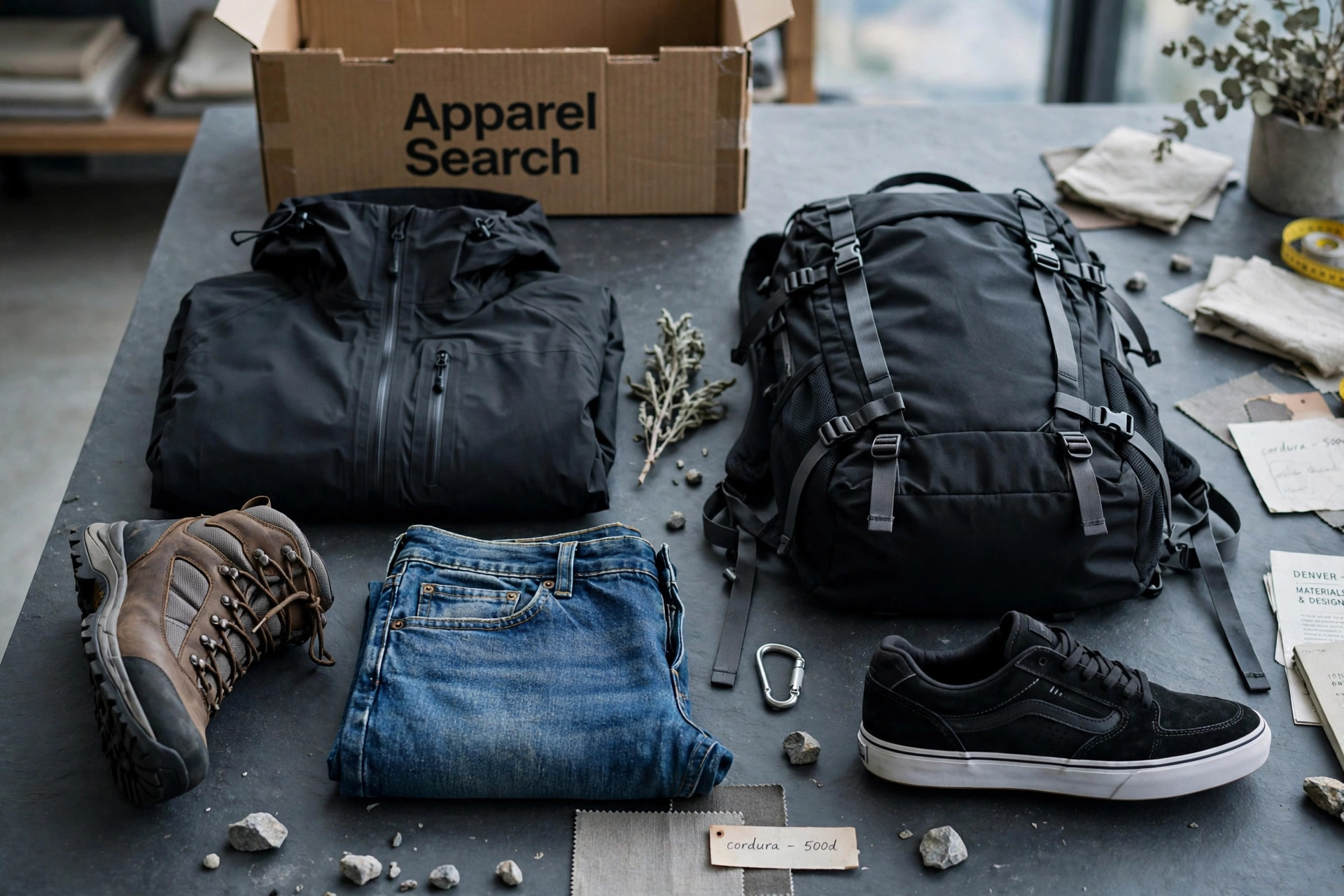 Outdoor jacket, hiking boots, backpack, jeans and a skate shoe arranged as a brand portfolio flat-lay