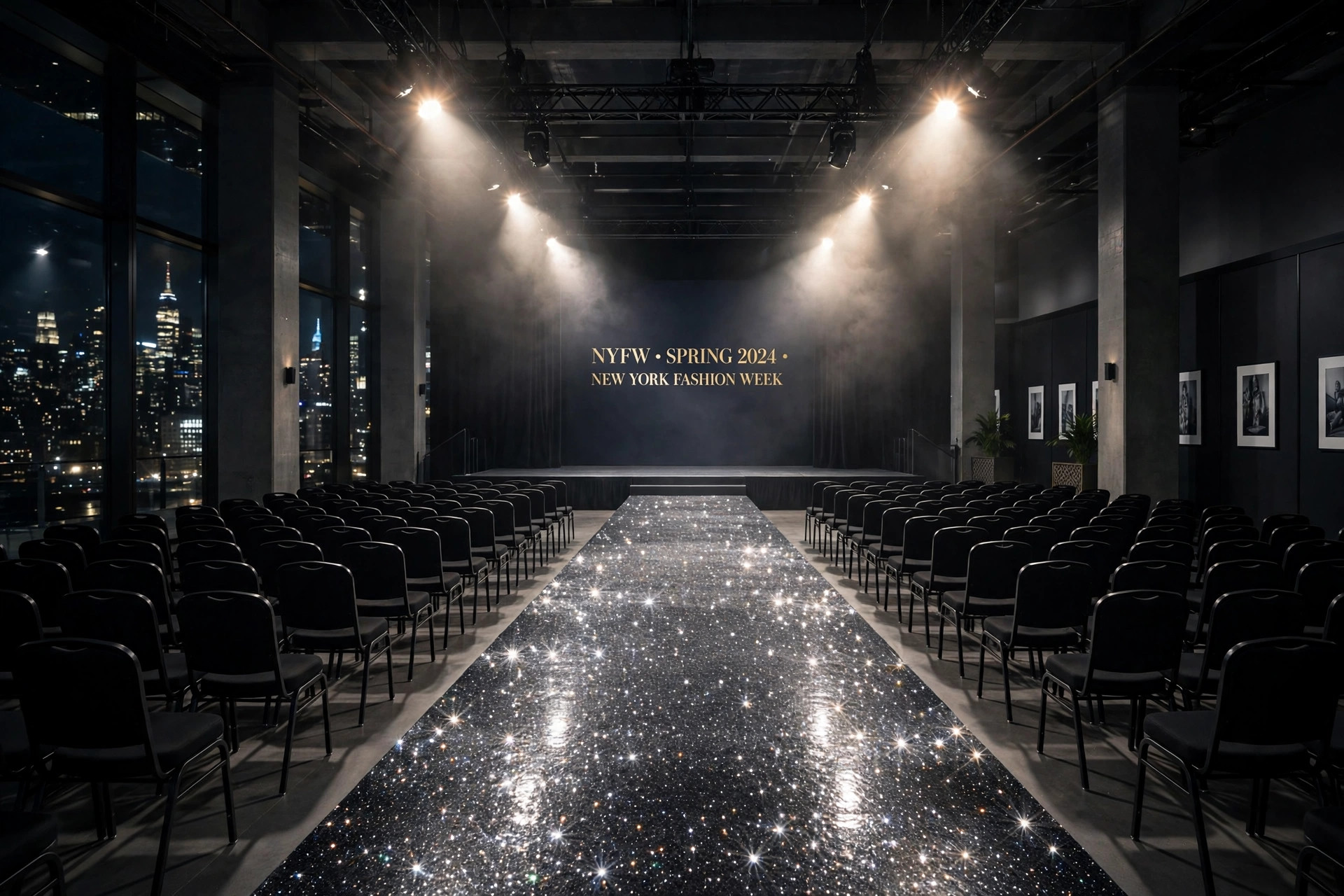An empty glittering fashion runway under spotlights before a show