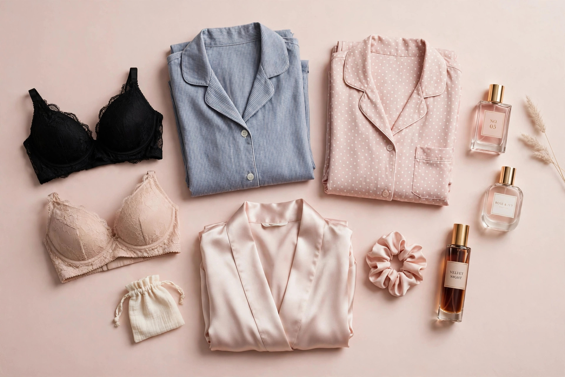 Folded bras, pajama sets, a silk robe and fragrance bottles arranged as a product flat-lay