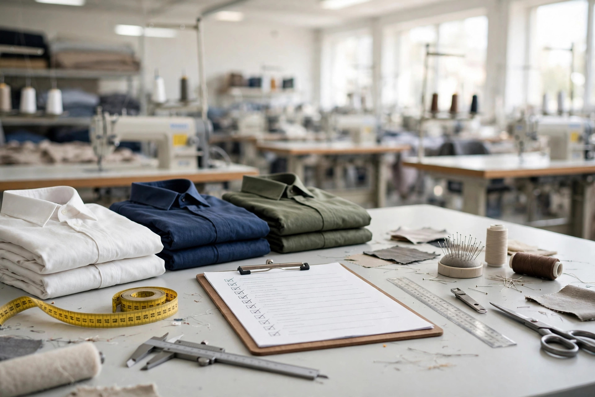A garment factory quality inspection table with folded shirts and a clipboard checklist