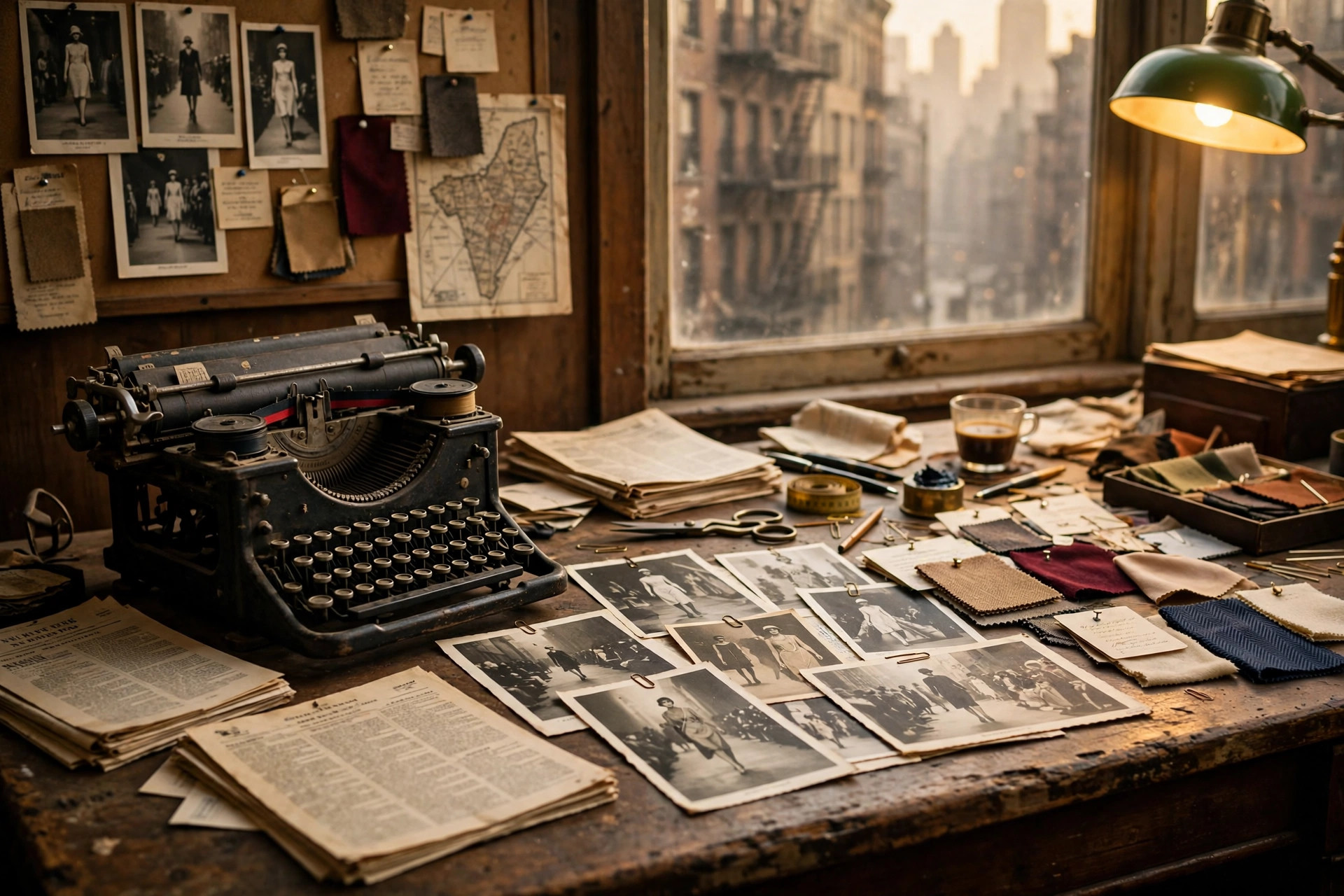 A vintage fashion newspaper newsroom desk with printed trade papers, a typewriter and runway photographs