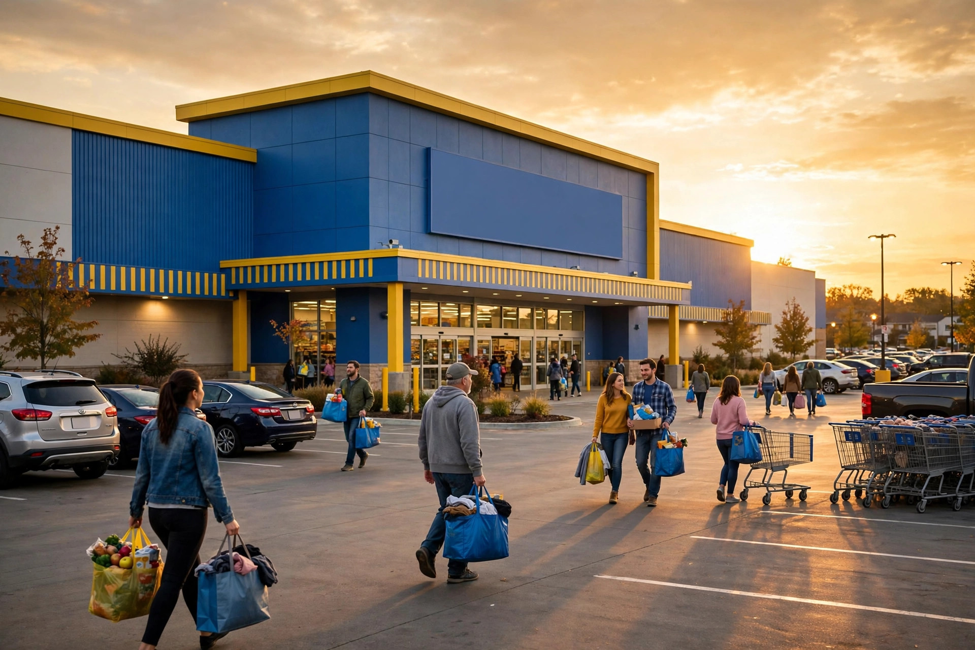 A large American discount supercenter store at golden hour with shoppers carrying bags