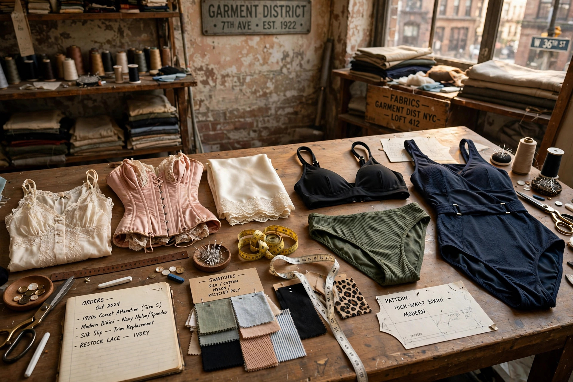 Intimate apparel and swimwear folded on a tailor's table in a historic garment district workshop