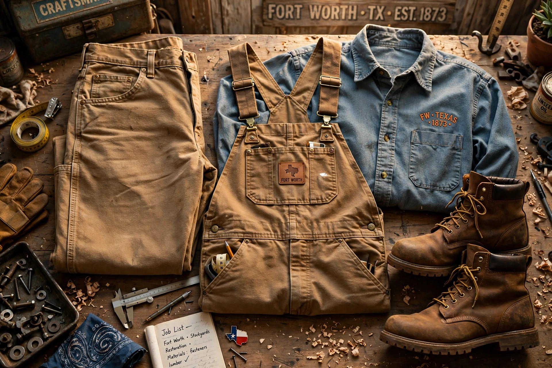 Durable tan work pants, a work shirt, overalls and sturdy boots on a wooden workbench