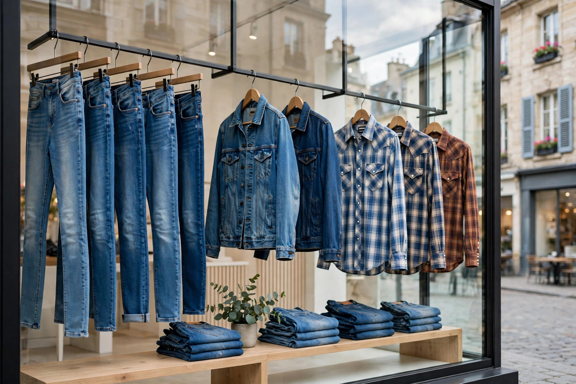 Slim blue jeans, denim jackets and western shirts in a bright modern European shop window