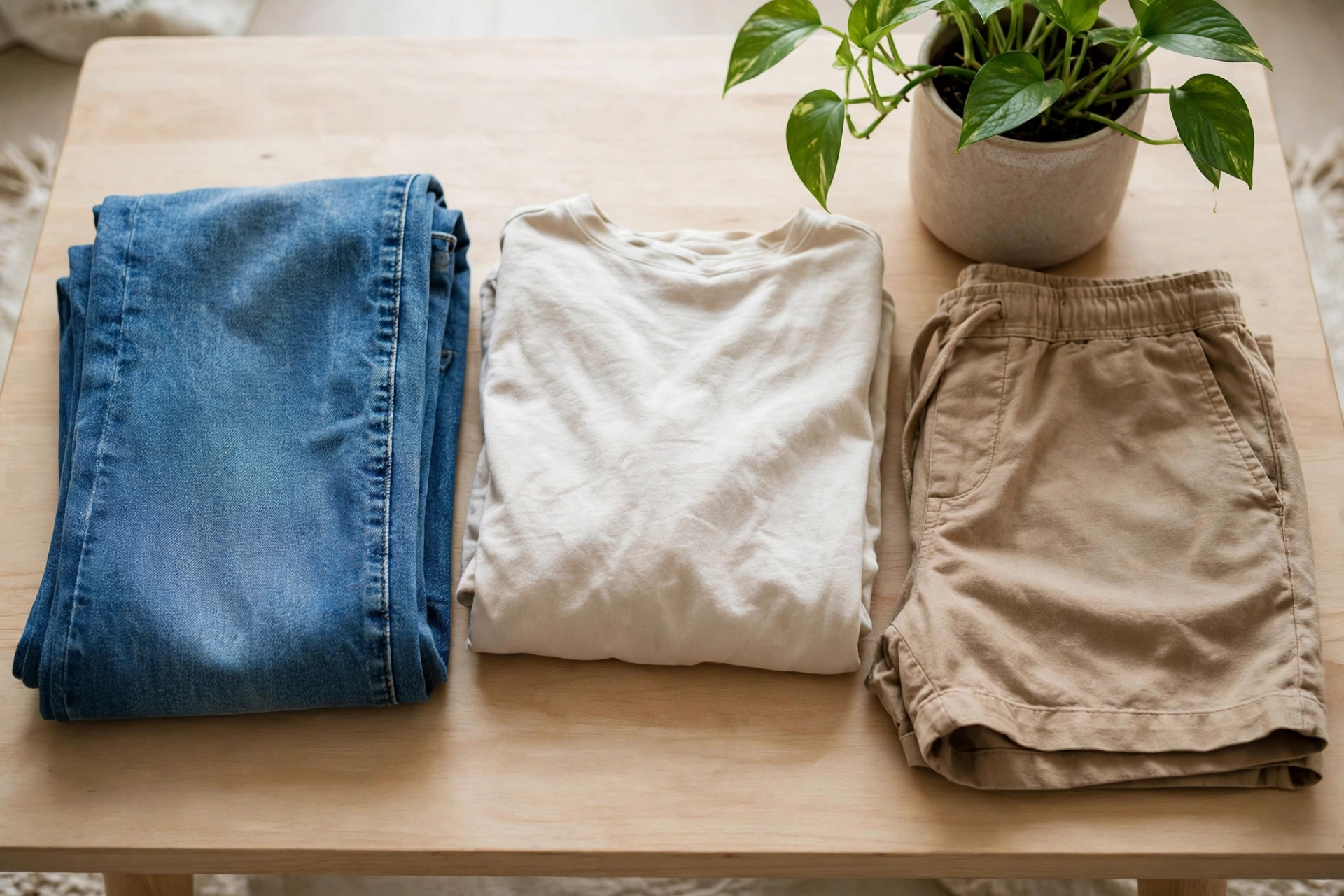 Comfortable premium jeans, soft shirts and shorts neatly folded on a light wooden table