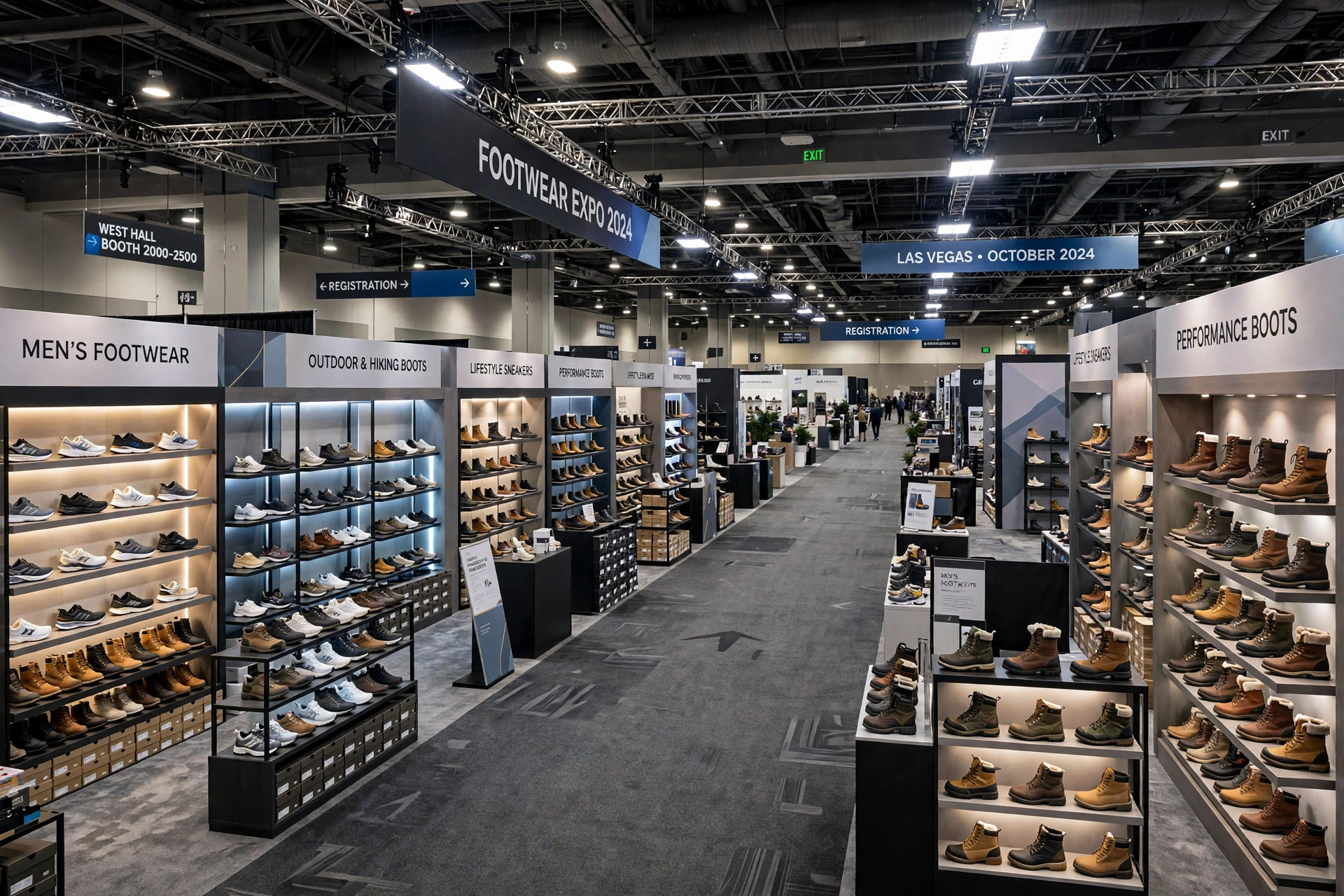 A Las Vegas footwear trade show exhibition hall with rows of shoe display booths