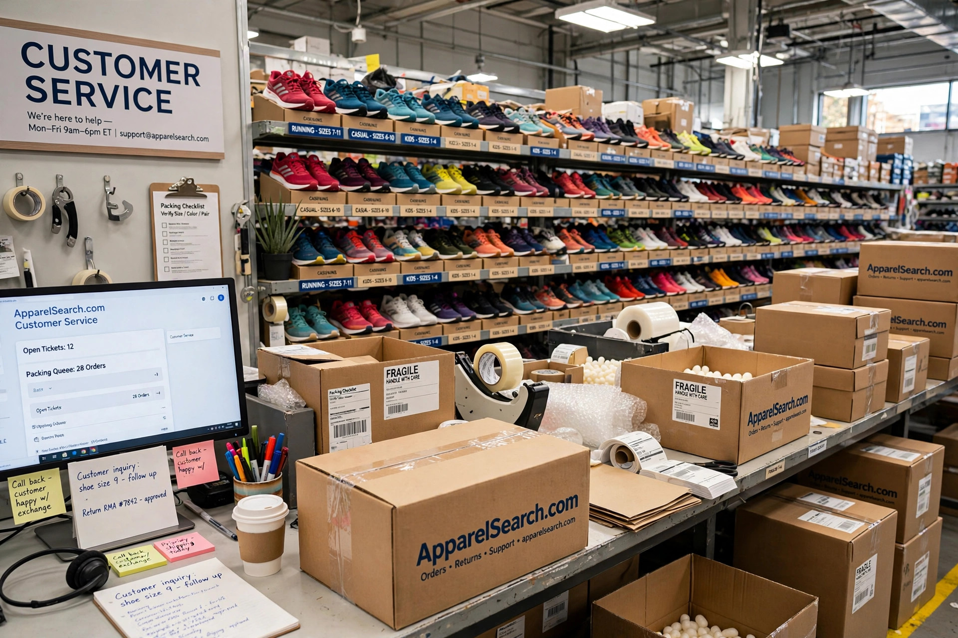 An online shoe retailer's packing area with rows of colorful shoes on shelves and shipping cartons