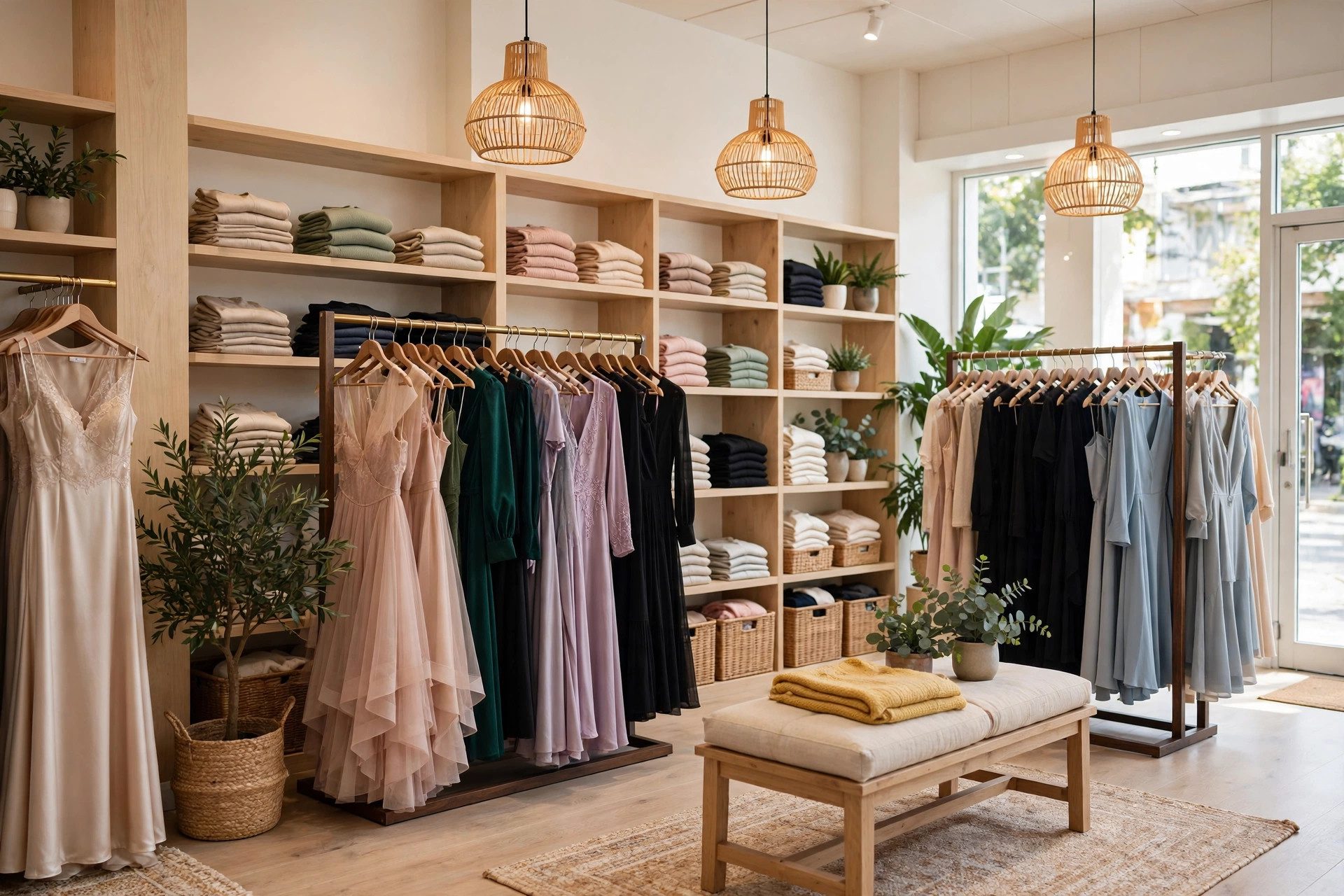 Clothing racks with hanging and folded garments