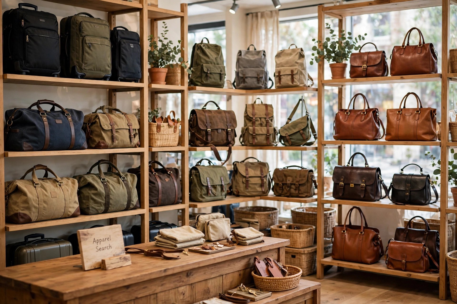 Retail display of travel bags, casual bags and leather handbags on shelves in a luggage store, a small Apparel Search sign on the counter