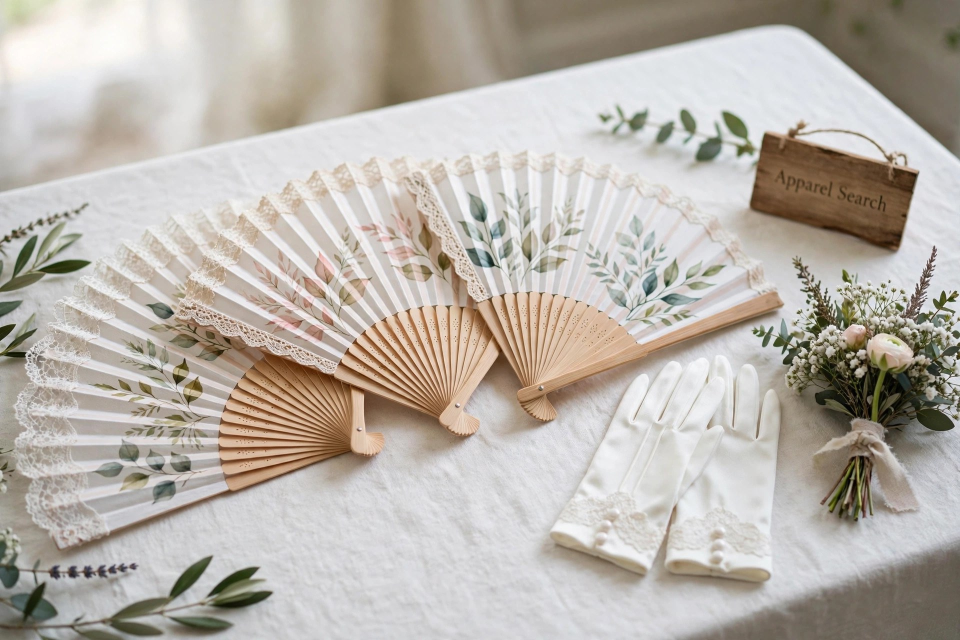 Handcrafted bridal hand fans with lace and painted leaves fanned out on a white table beside wedding gloves and a small bouquet, no people