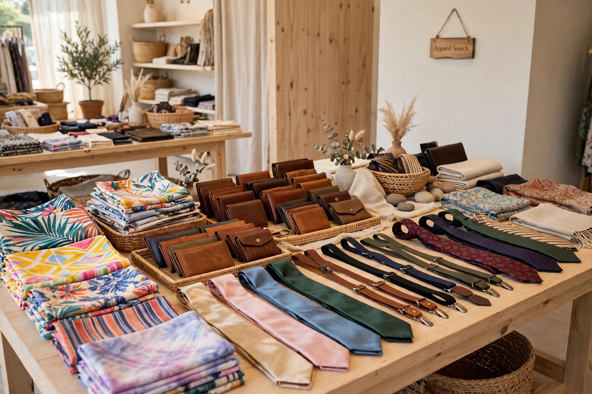 Final section of a fashion accessories store: pareos, leather wallets, satin sashes, suspenders, ties and scarves arranged on display tables