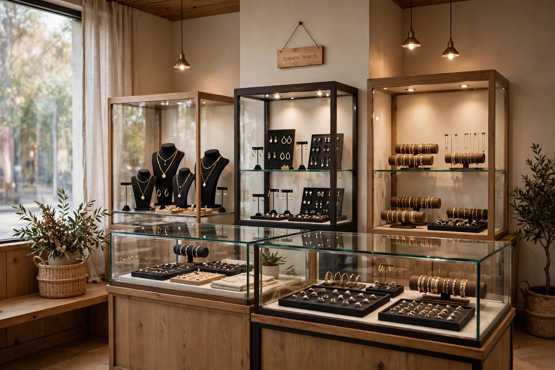 A fashion jewelry boutique interior with necklaces, earrings, bracelets and rings in glass display cases under warm lights