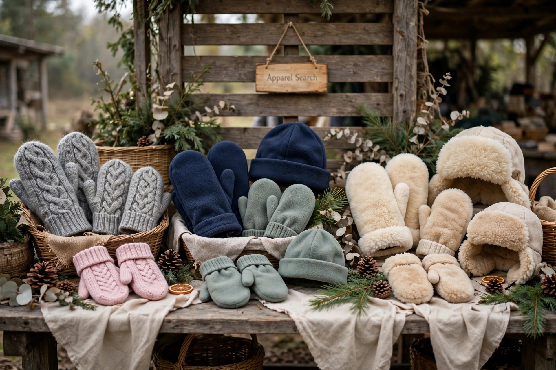 Mittens in wool knit, fleece and sheepskin styles for adults and children arranged on a winter retail display with hats