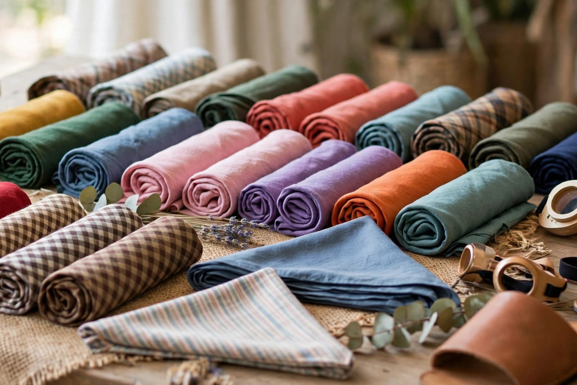 Neckerchiefs in many colors folded as triangles and rolled, displayed on a retail table with slides and woggles beside them