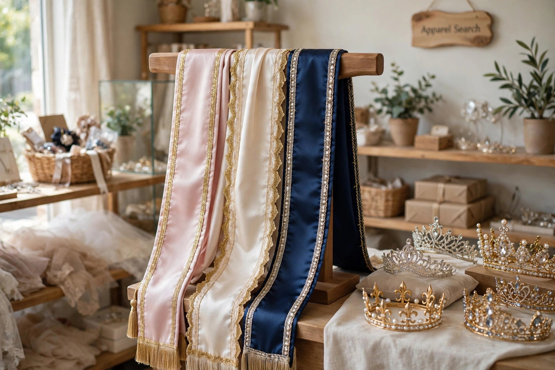 Pageant sashes in satin with lettering and trim draped over a display stand beside tiaras and crowns in a specialty store