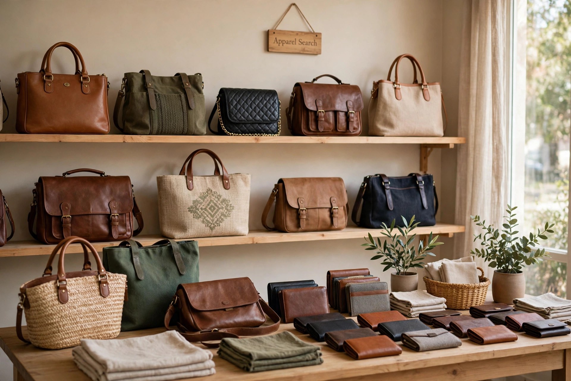 Purses and handbags in leather and fabric styles arranged on shelves and tables in a women's accessories store, wallets beside them